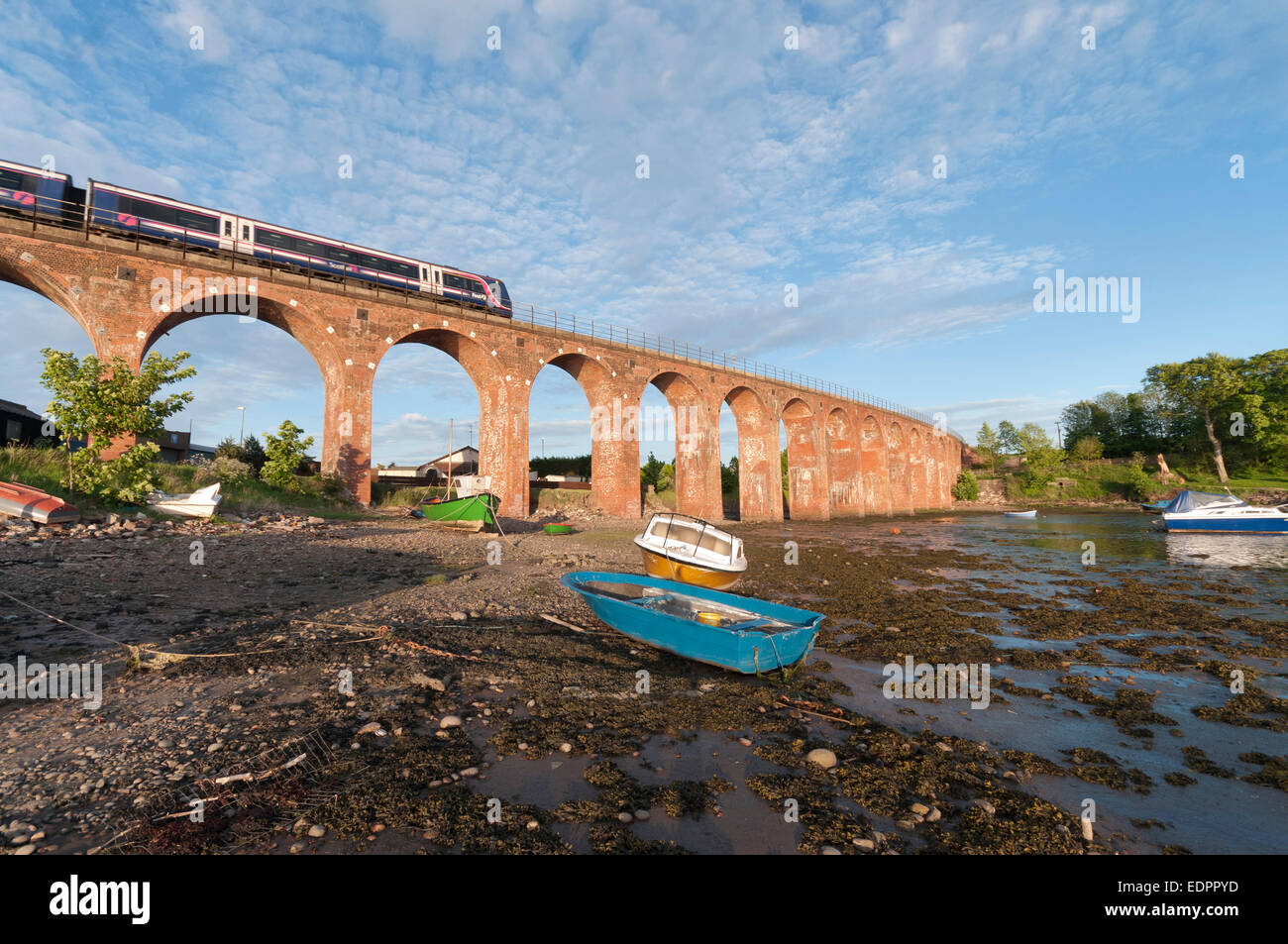 montrose viaduct train railway bridge boat mooring basin Stock Photo