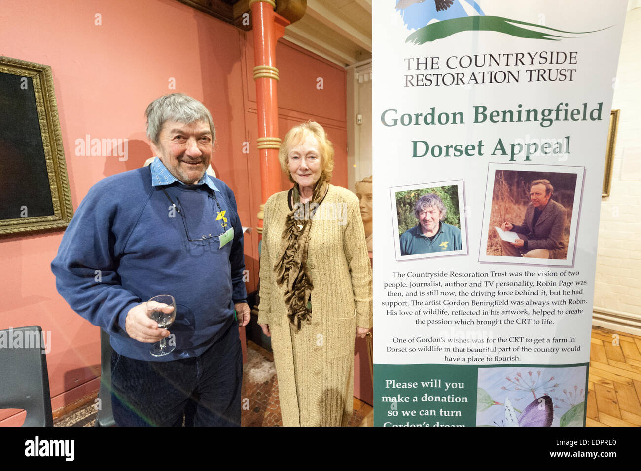 Dorchester, UK. 8th January, 2015. Robin Page of the Countryside Restoration Trust  (CRT) lwith Betty Beningfield launches the Gordon Beningfield Dorset Farm Appeal. It was the wish of the late Gordon Beningfield that the CRT should have a wildlife friendly farm in Dorset. Gordon was an outstanding artist, conservationist and countryman. Now the CRT wishes to turn Gordon’s dream into a reality by searching for a farm in Dorset. To achieve a successful conclusion the CRT needs to raise at least £1million in 2 years. Credit:  Julian Eales/Alamy Live News Stock Photo