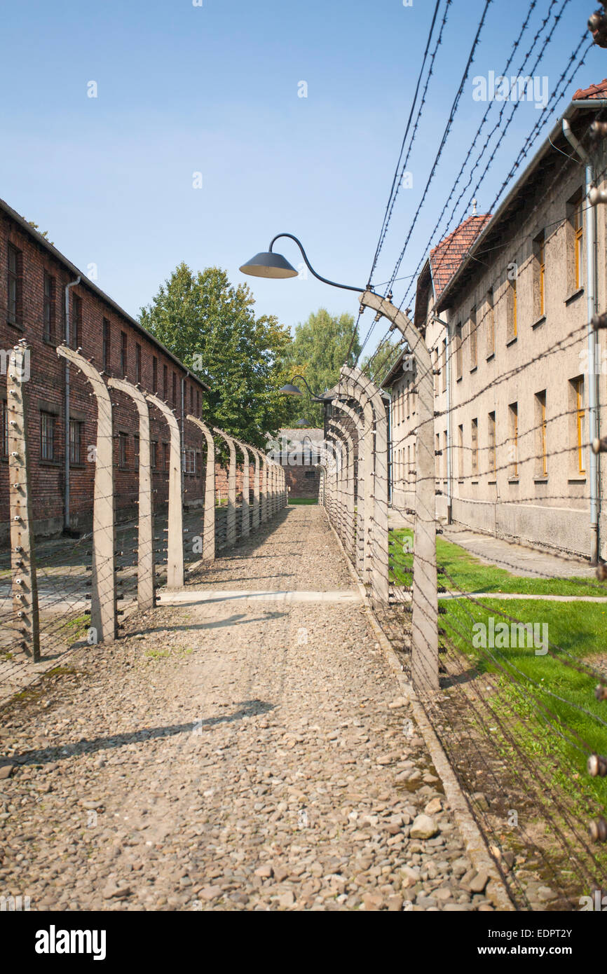 barbed wire fencing and surround blocks at Auschwitz concentration camp, Auschwitz, Poland Stock Photo