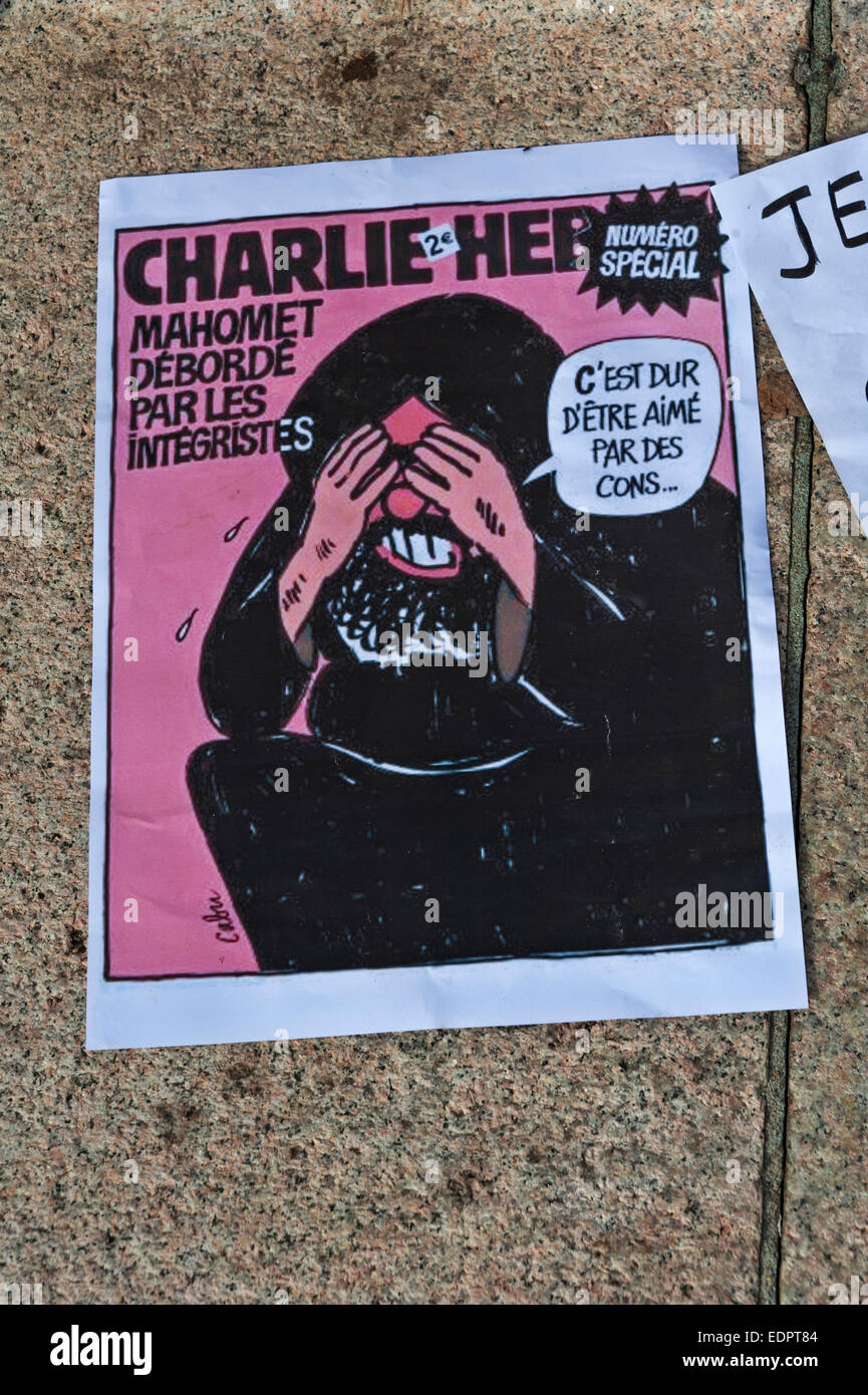 Geneva, Switzerland. 8th January 2015. A poster put up when Swiss journalists, writers and members of International PEN attended a vigil in Geneva's Place de Neuve to show solidarity with the victims of the attack against Charlie Hebdo. Credit:  Alistair Scott/Alamy Live News Stock Photo