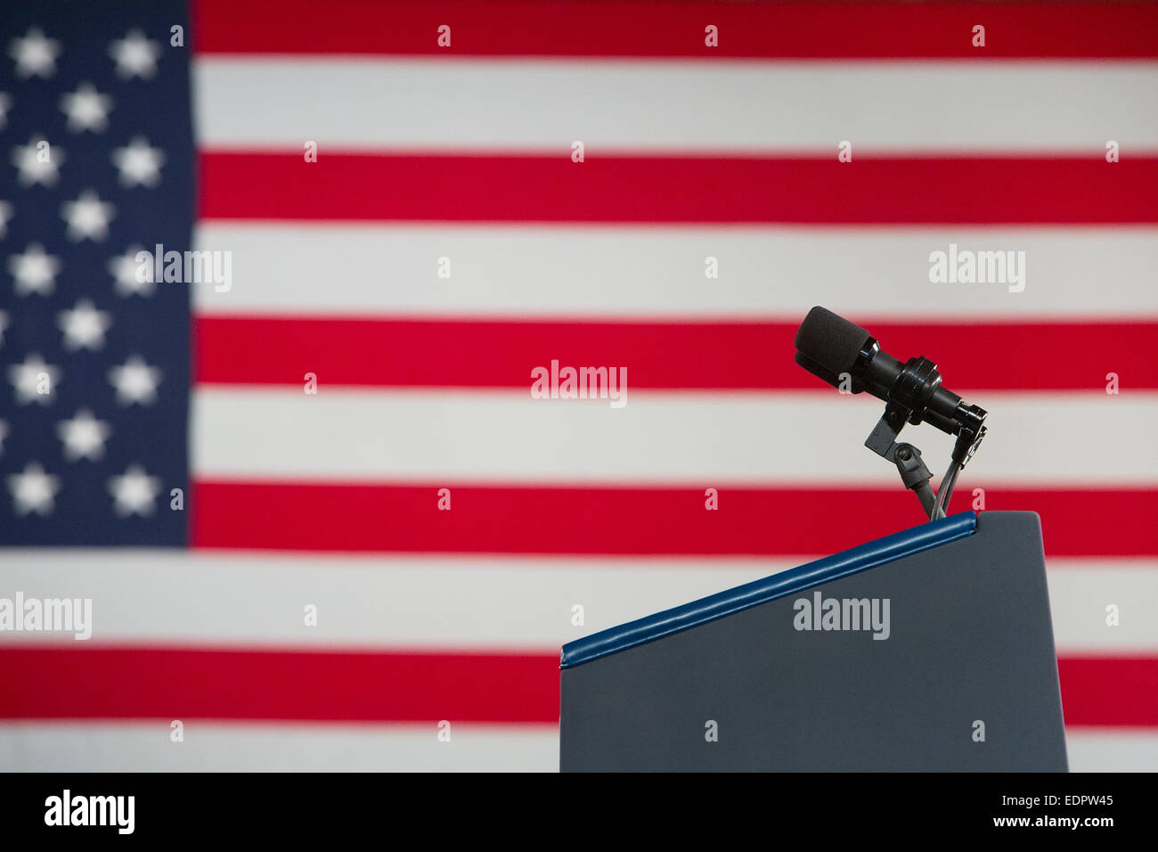 Wayne, Michigan - A podium at Ford's Michigan Assembly Plant prepared for a speech by President Barack Obama. Stock Photo