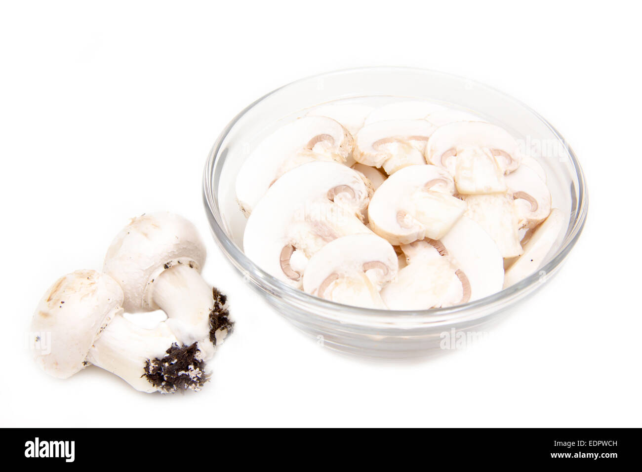 Sliced mushrooms in bowl on white background Stock Photo