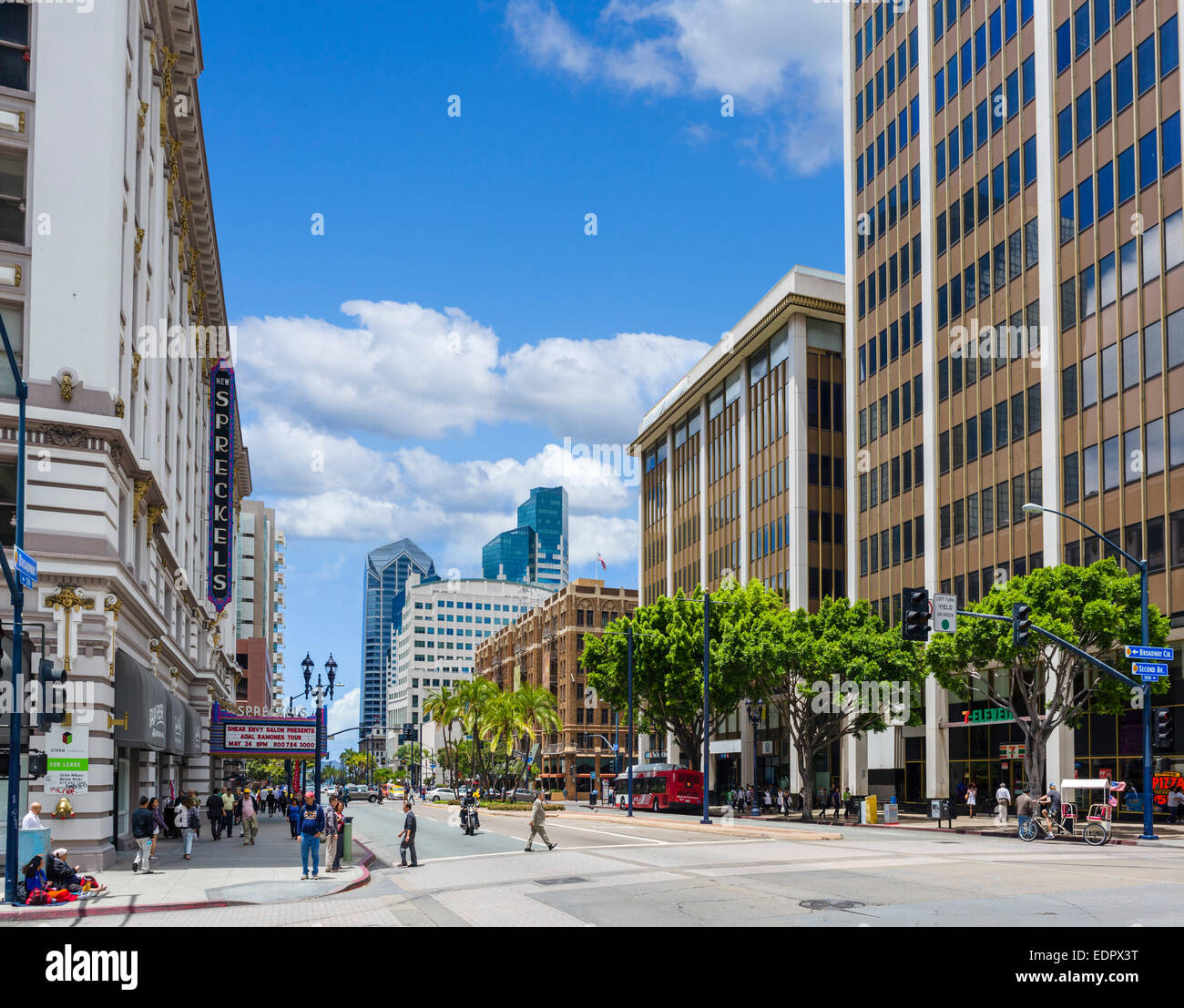 Broadway and Second Ave in downtown San Diego, California, USA Stock Photo