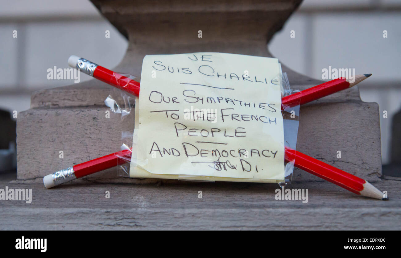 Pencils left in memory of Charlie Hebdo magazine massacre. Stock Photo