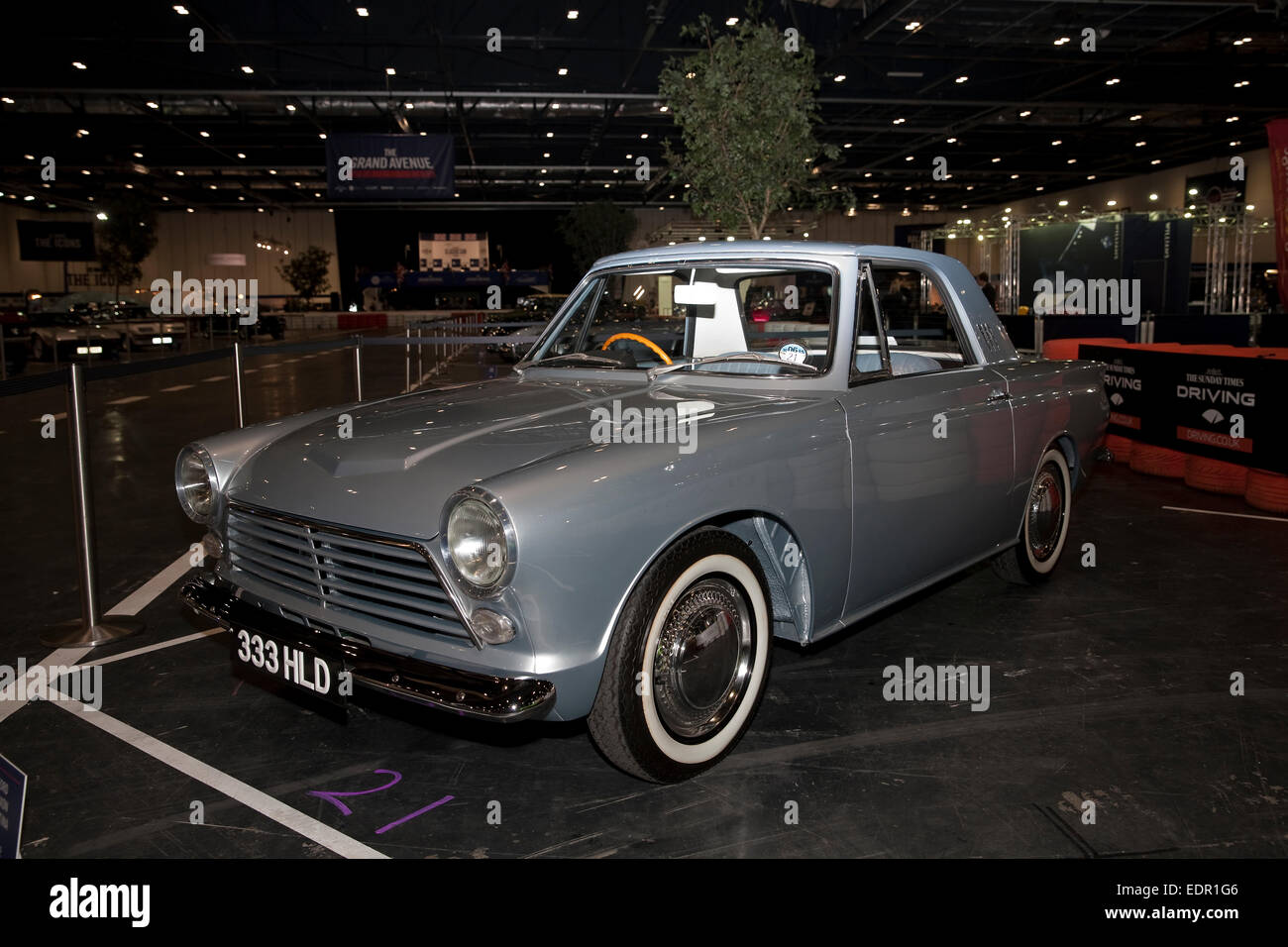 A silver Ford Saxon Cortina on show at the London Classic car show