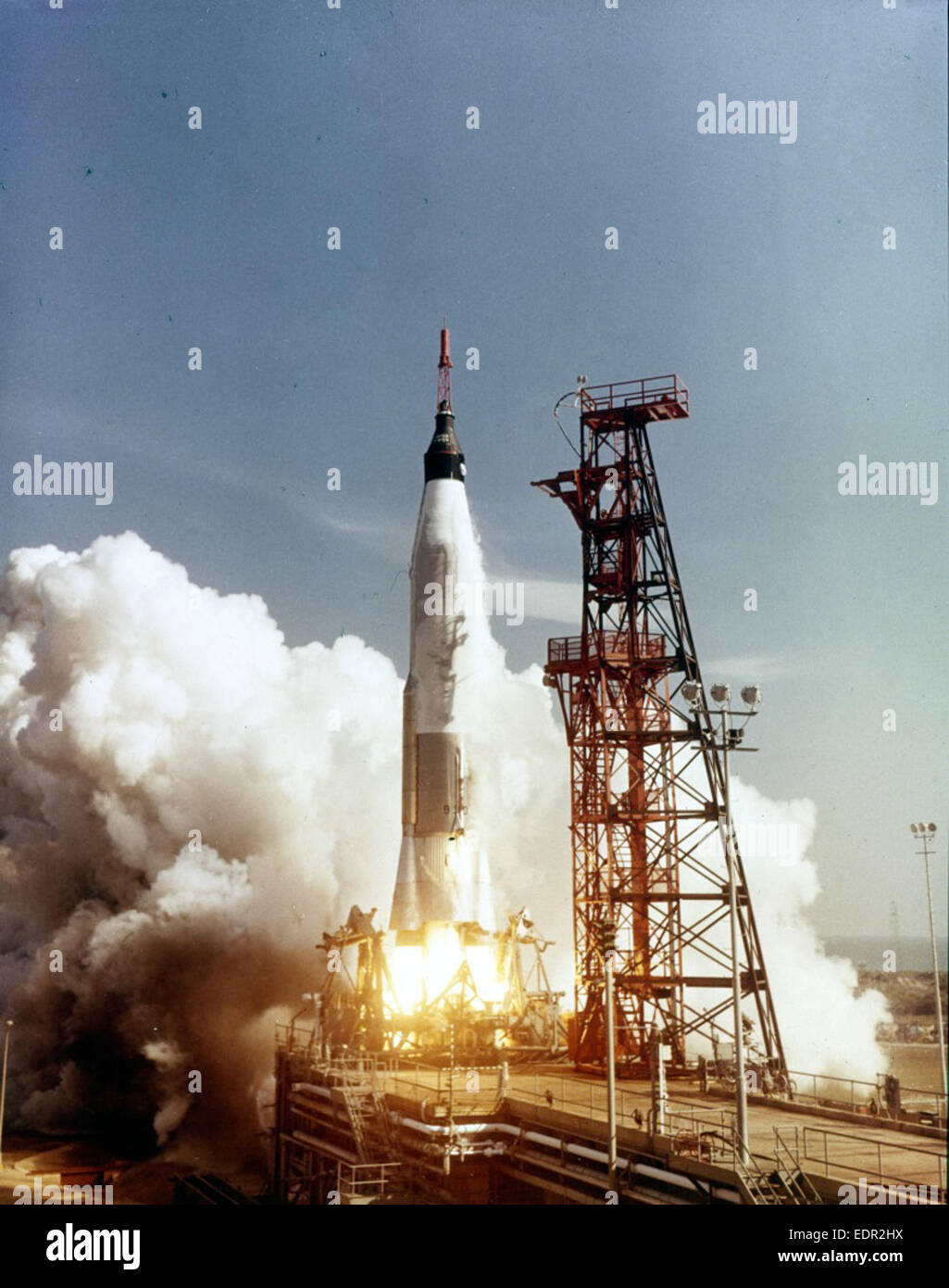 The Mercury-Atlas launch is captured in this image, a landmark moment ...
