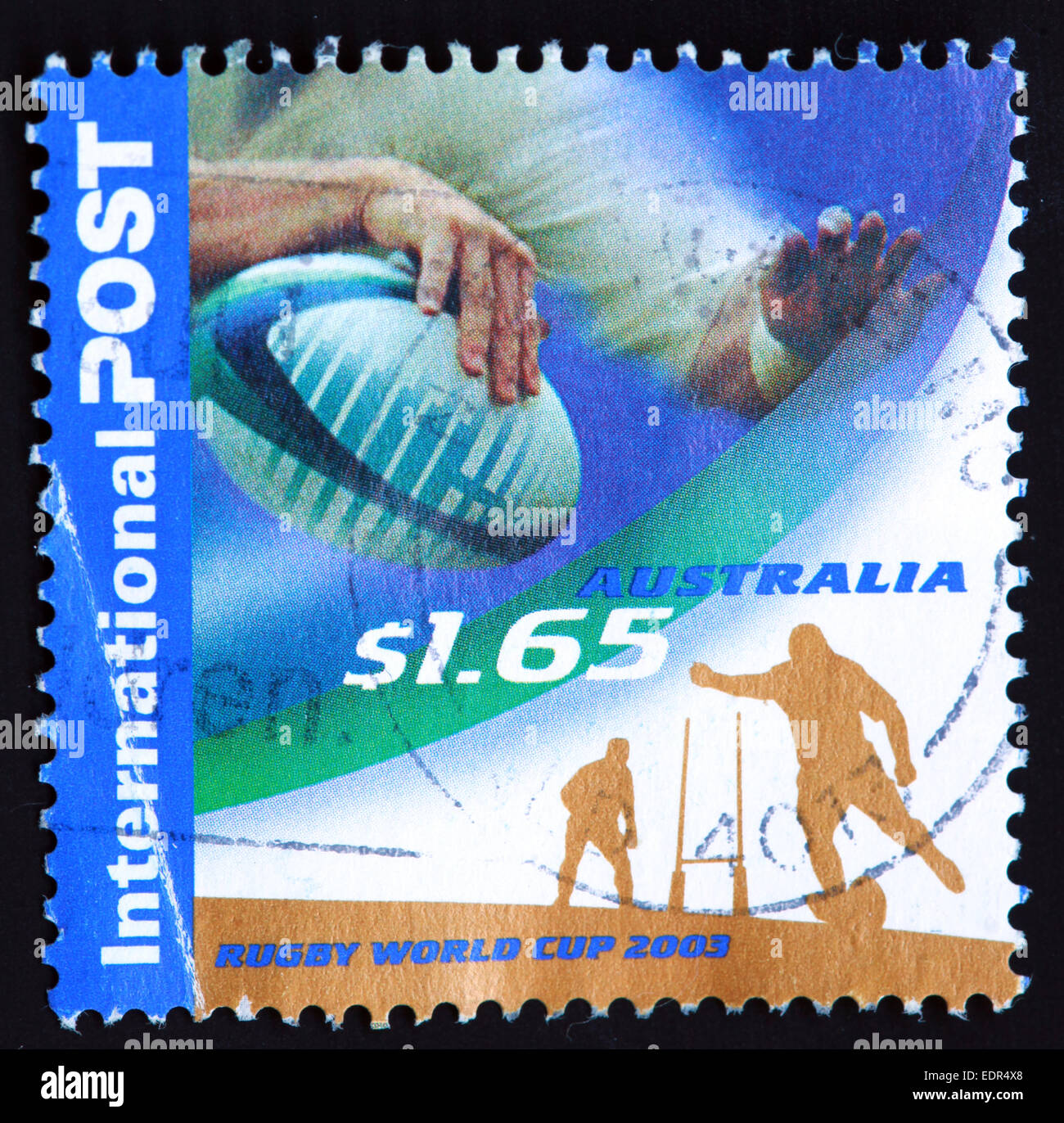 Used and postmarked Australia / Austrailian Stamp $1.65 2003 Rugby World Cup Stock Photo
