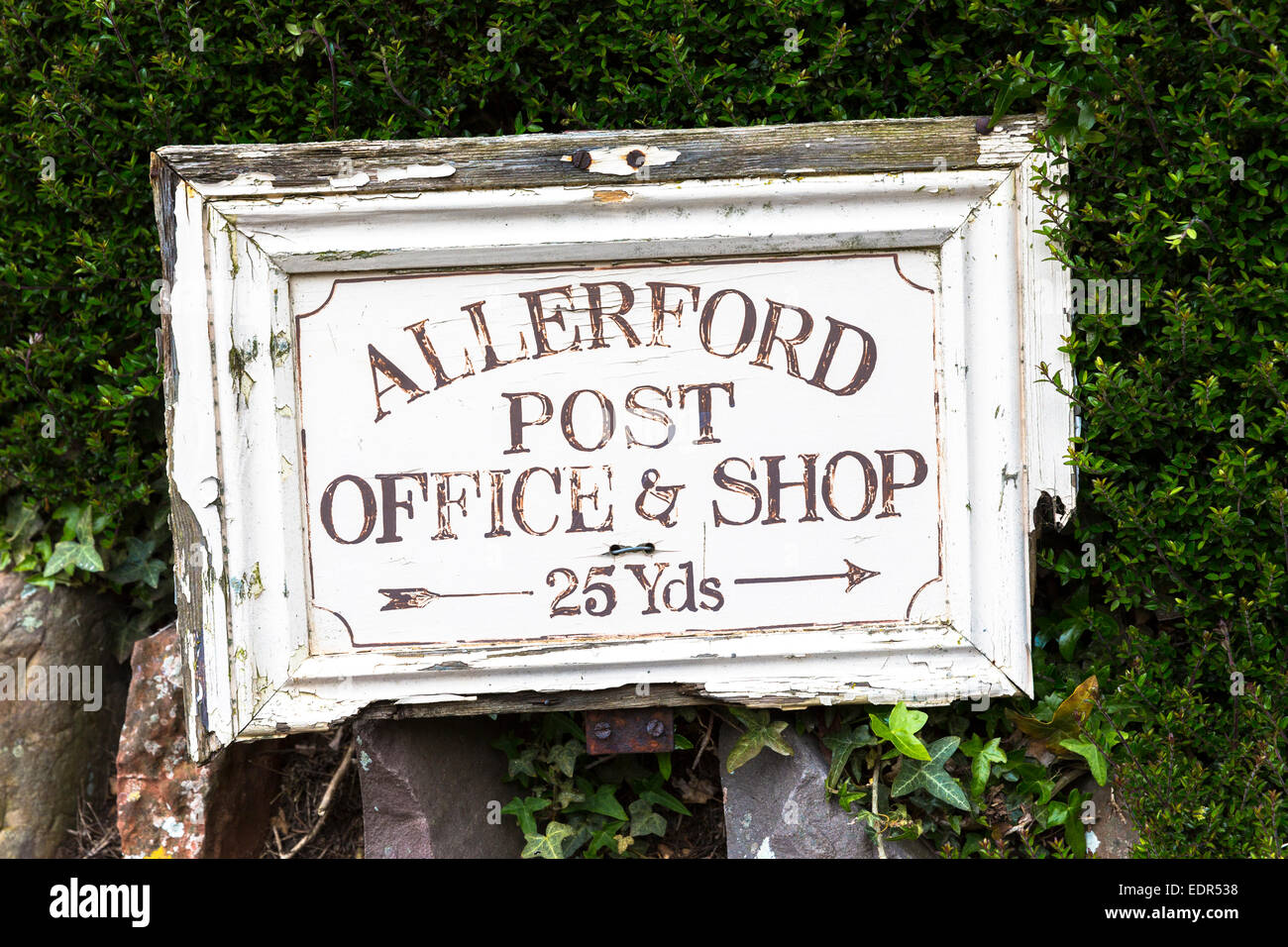 Sign for Old Post Office and village shop at Allerford on Exmoor