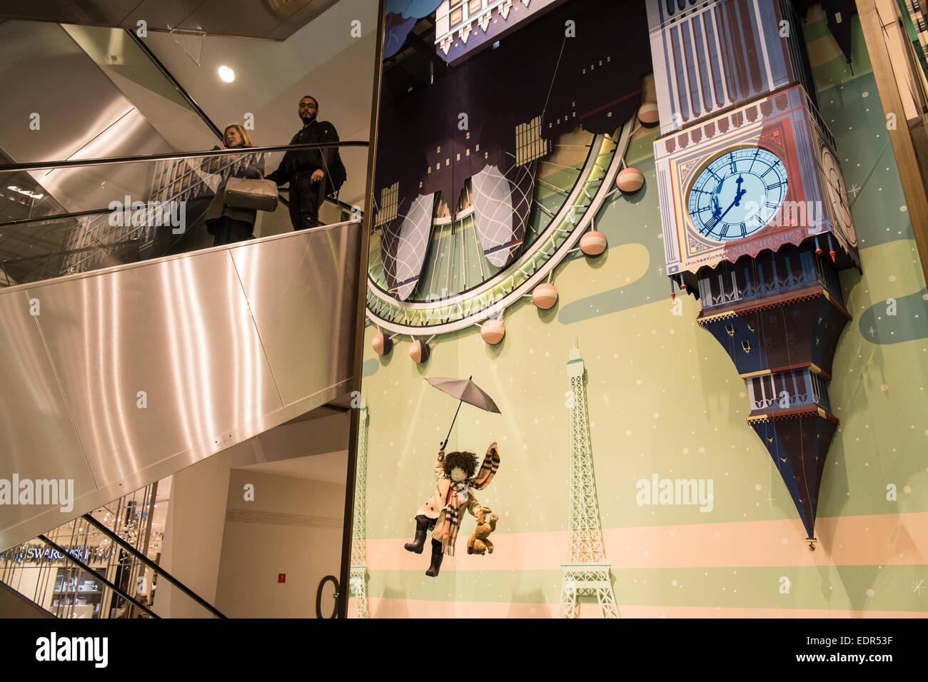 London skyline and Burberry wearing boy in shop display for Burberry at  Printemps Department Store,Paris,France Stock Photo - Alamy