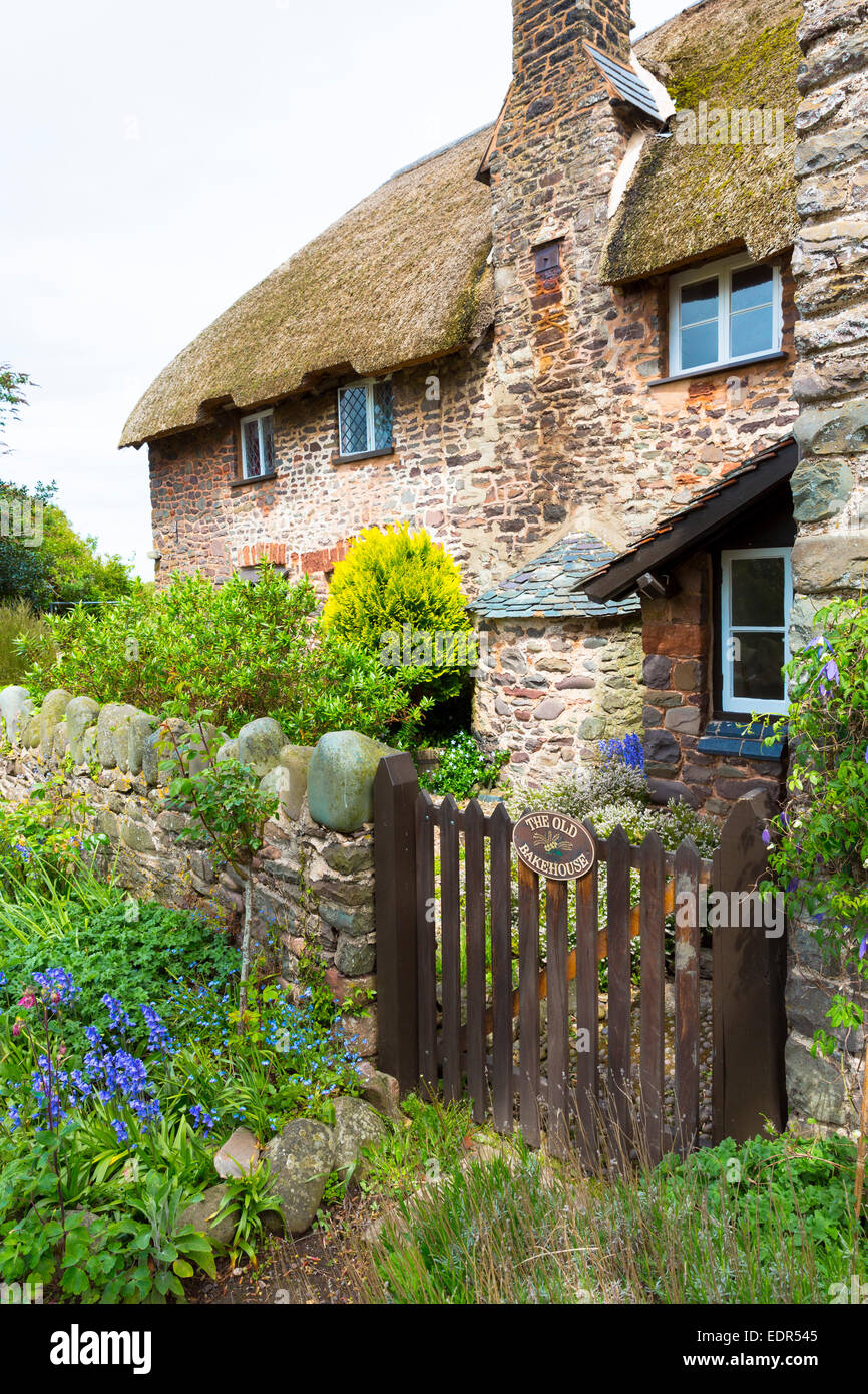 Quaint traditional cottage The Old Bakehouse with bread oven chimneyin Bossington in Exmoor, Somerset, UK Stock Photo