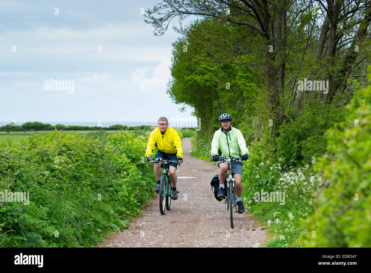 Cyclists by Bossington Beach in Exmoor, Somerset, United Kingdom Stock Photo