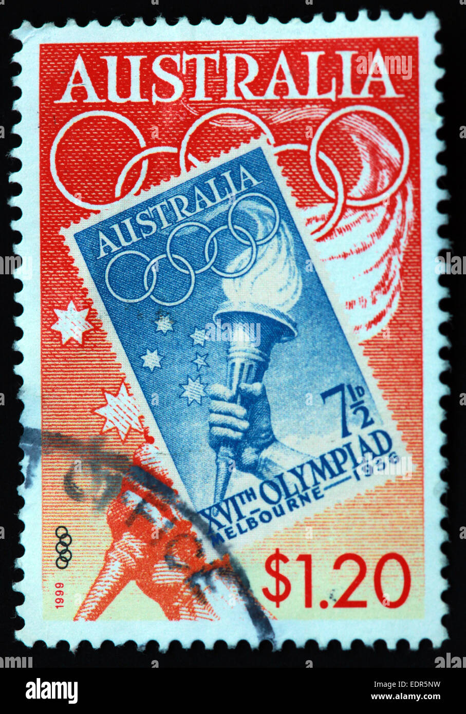 Used and postmarked Australia / Austrailian Stamp 1999 $1.20 Melbourne 1956 XVI Olympiad Stock Photo