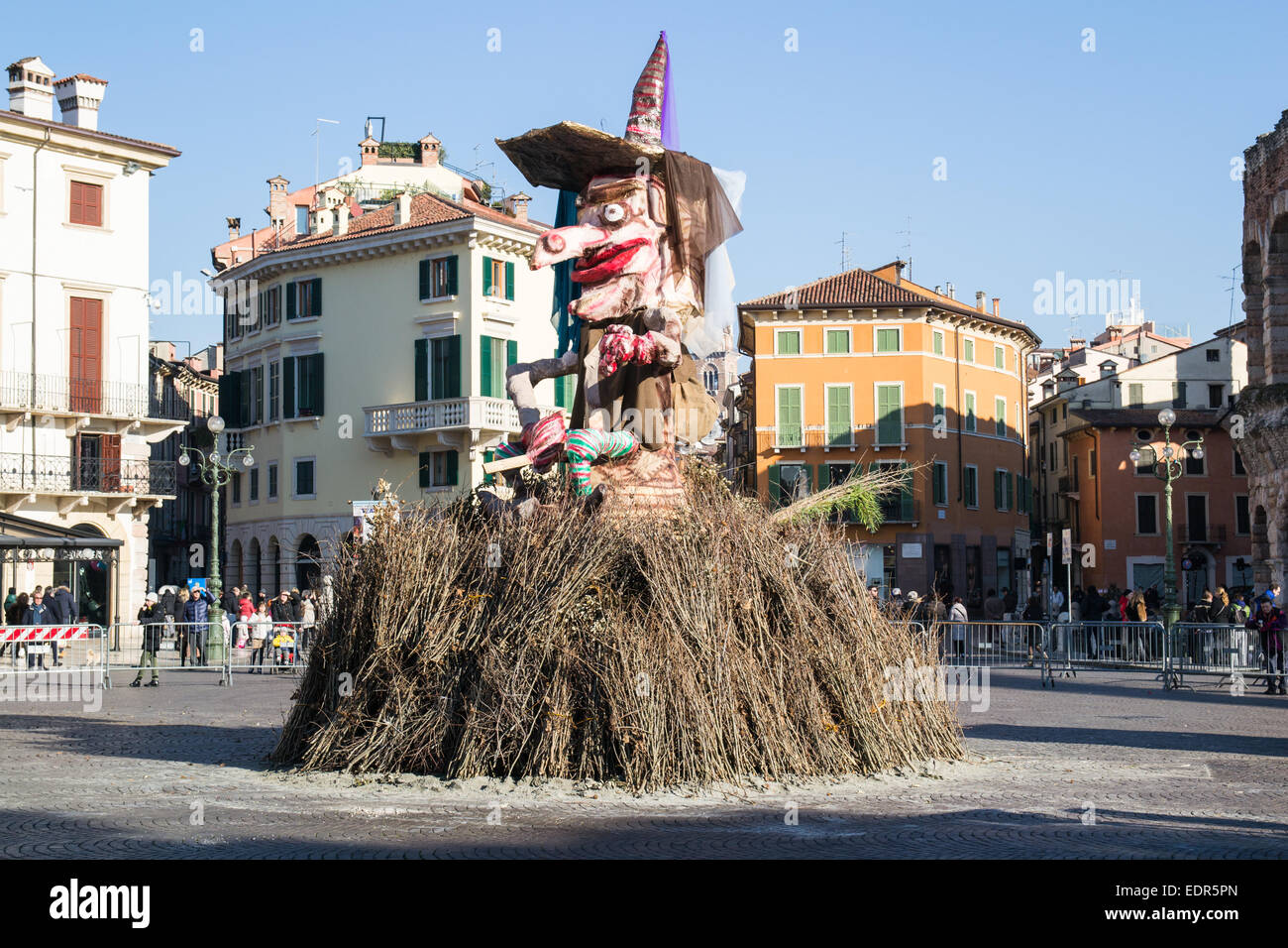 VERONA, ITALY - JANUARY 6: witch at the stake. Traditional annual bonfire in the square called Bra Sunday, January 6, 2015. Stock Photo