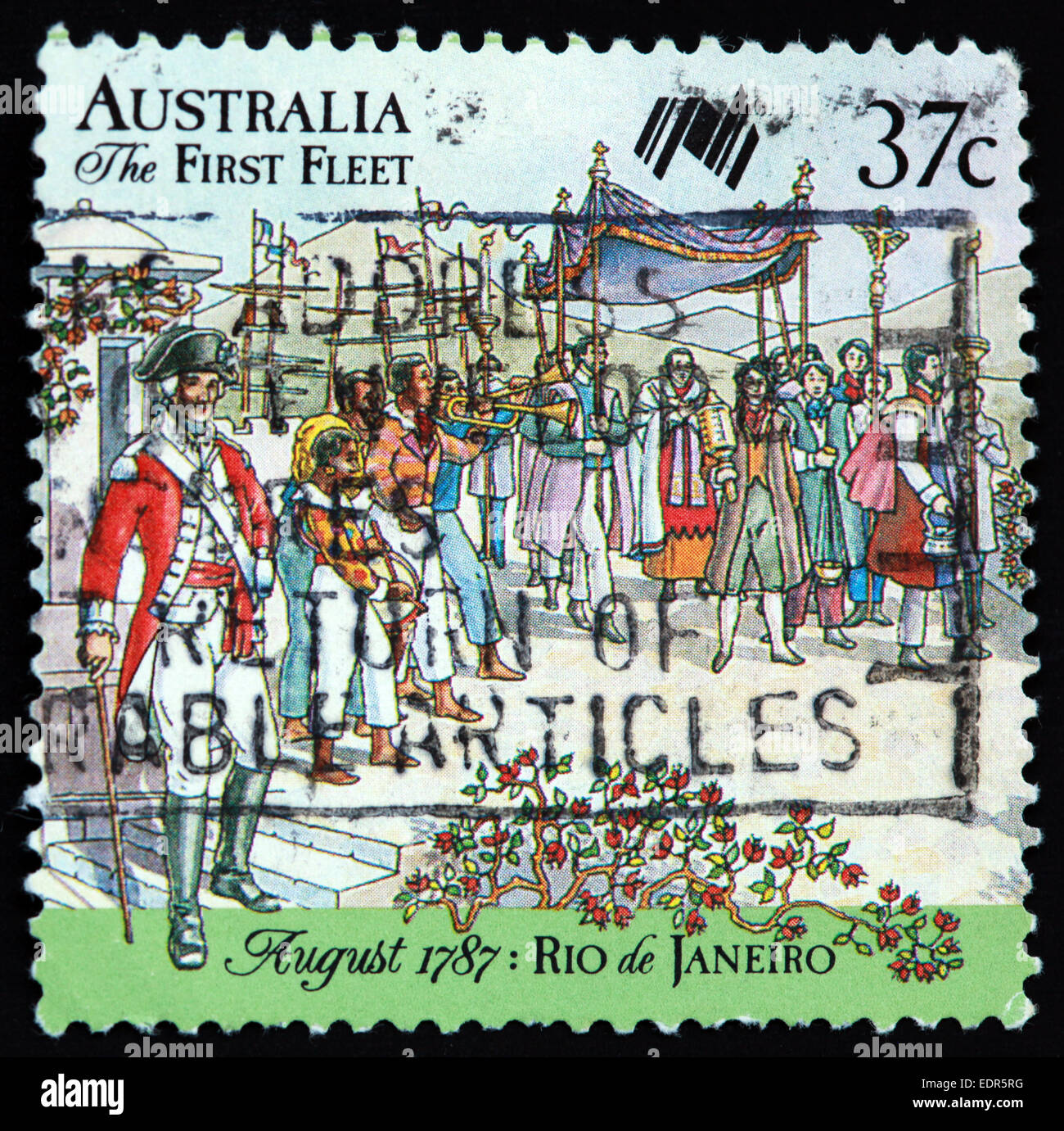 Used and postmarked Australia / Austrailian Stamp 37c The First Fleet August 1787 Rio de Janeiro Stock Photo