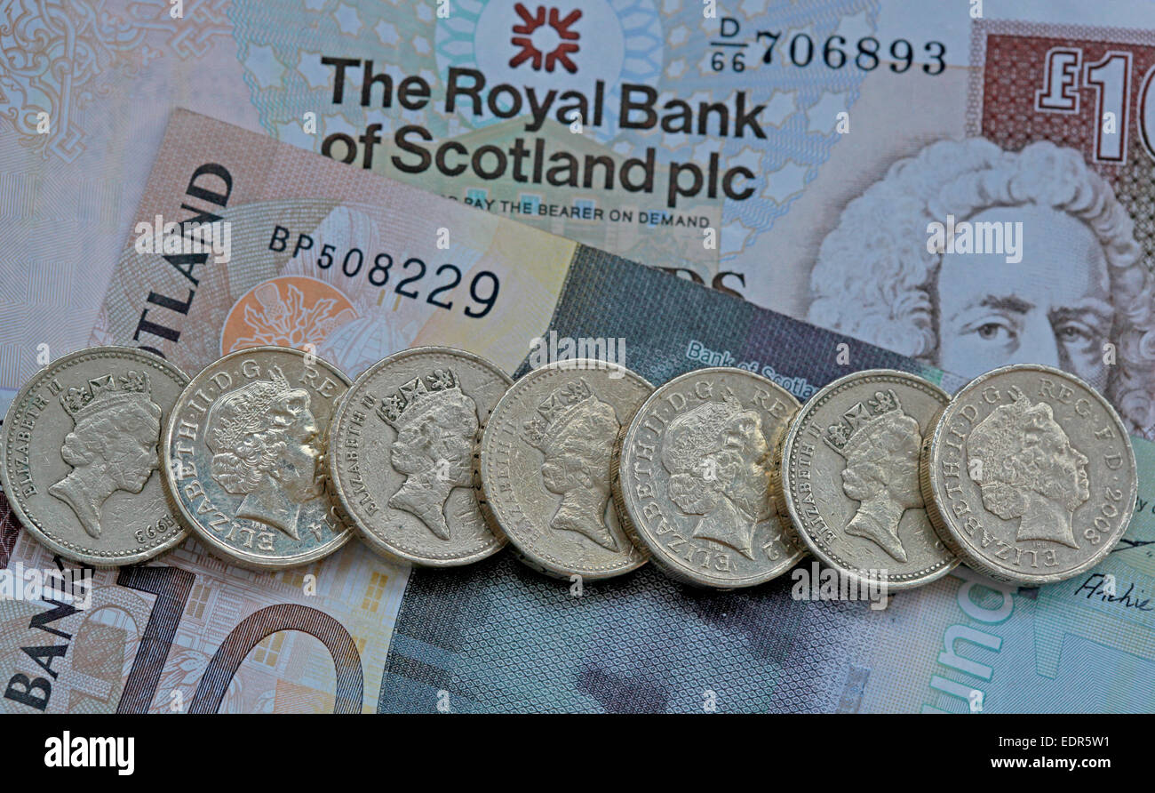 Scotland Sterling notes Scottish coin coins money currency finance Stock Photo