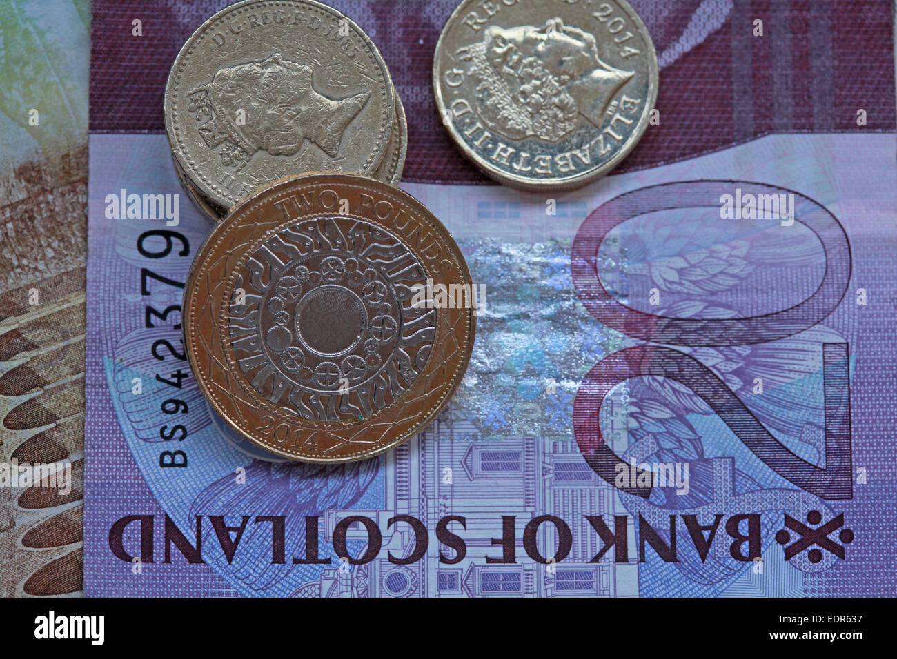 Scotland Sterling notes Scottish coin coins money currency finance Stock Photo
