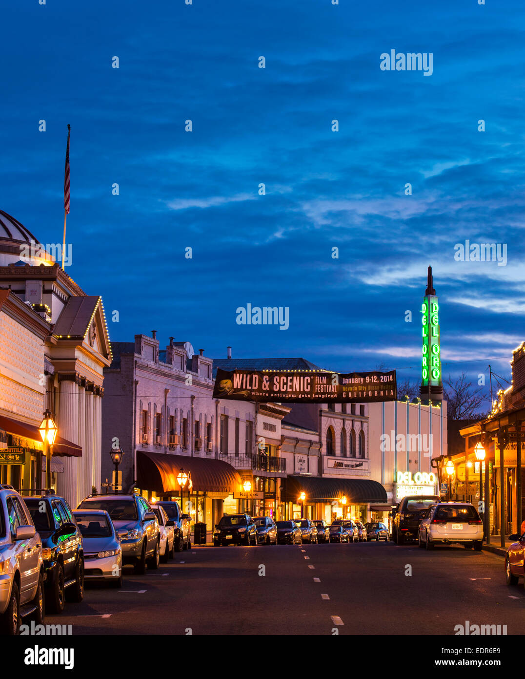 Historic gold rush town Grass Valley and historic Del Oro movie theater at dusk, Grass Valley, California Stock Photo