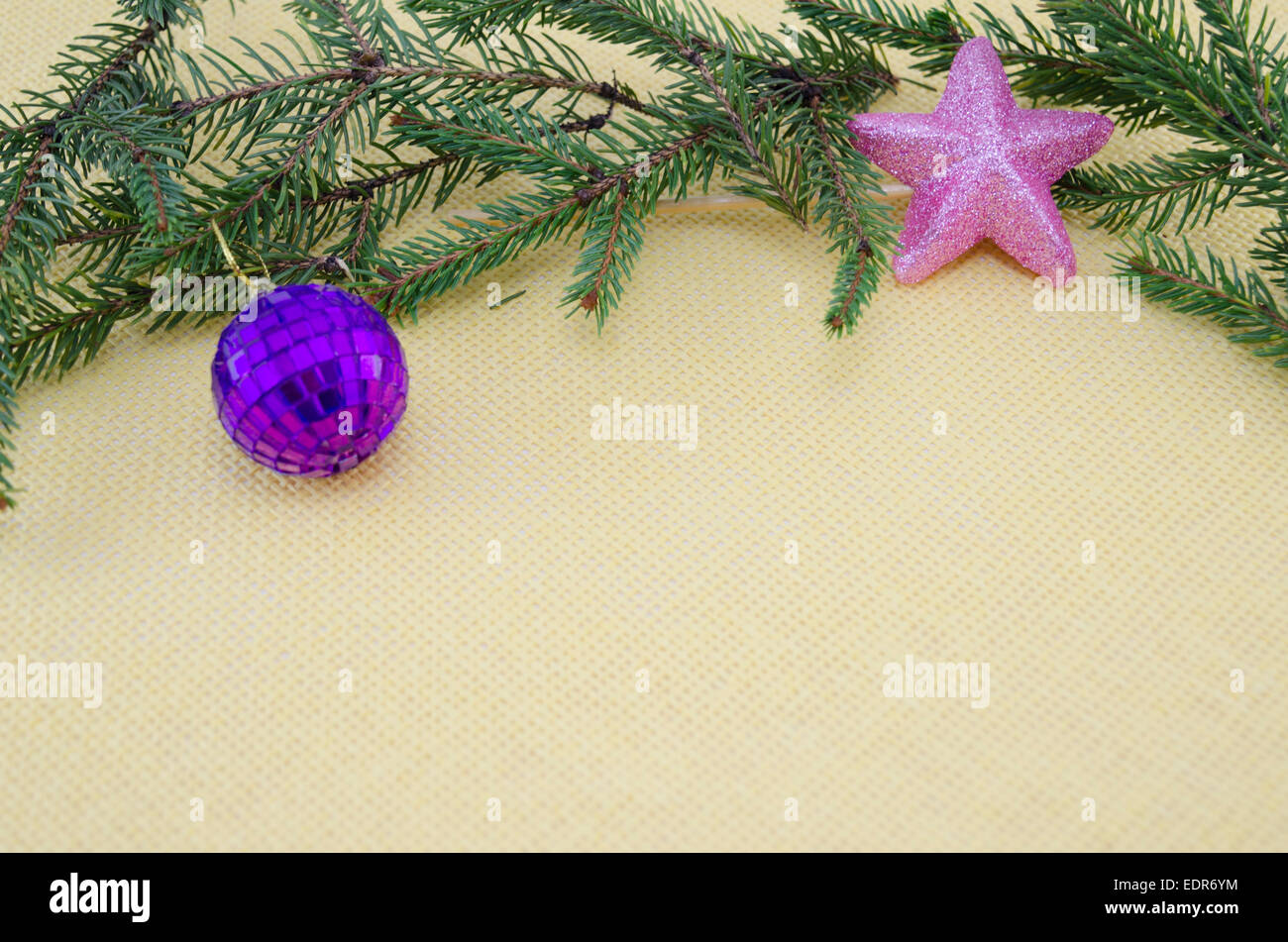 Purple Christmas ornament,pink star and a pine branch Stock Photo