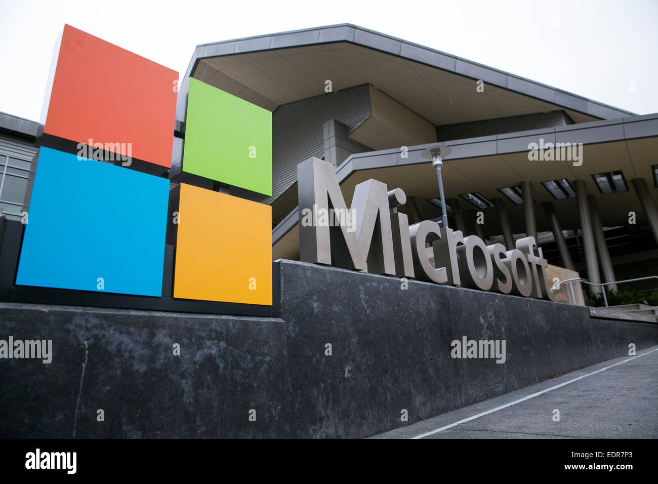A logo sign outside the headquarters campus of Microsoft in Redmond, Washington. Stock Photo