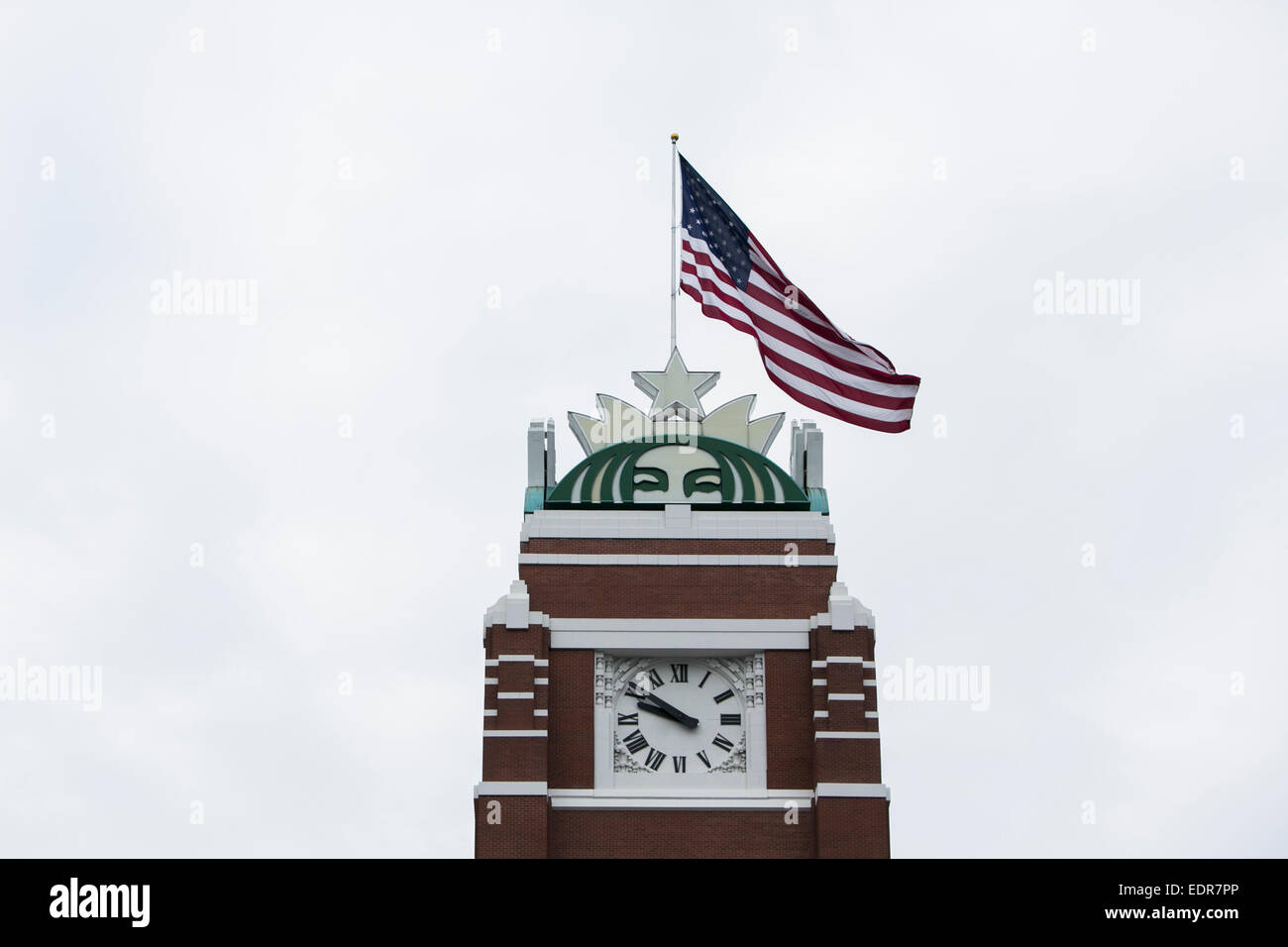 A logo sign outside the headquarters of the Starbucks Coffee Company in Seattle, Washington. Stock Photo