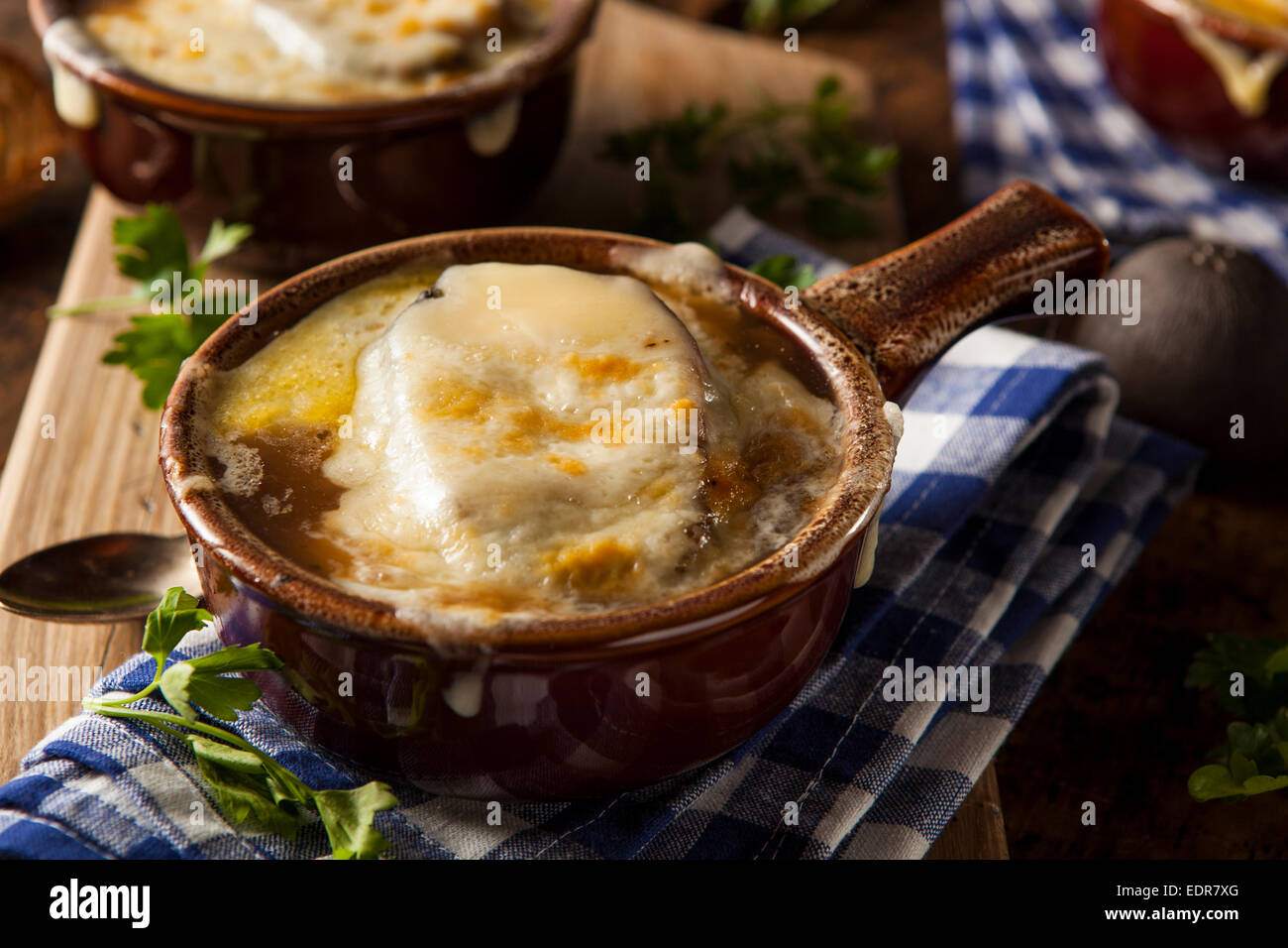Homemade French Onion Soup with Cheese and Toast Stock Photo