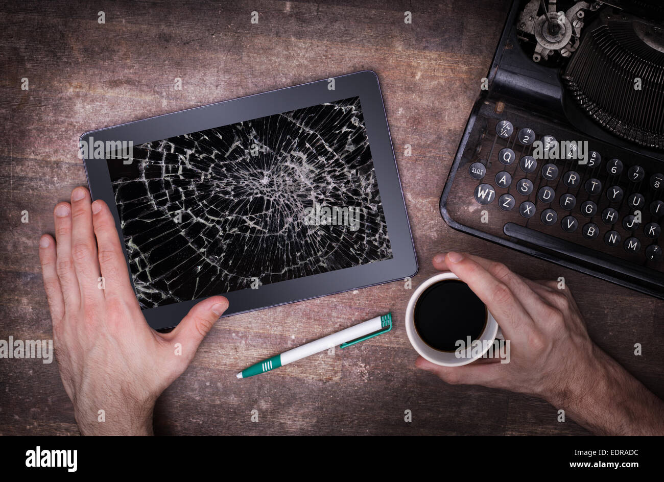 Tablet computer with broken glass, screen destroyed Stock Photo