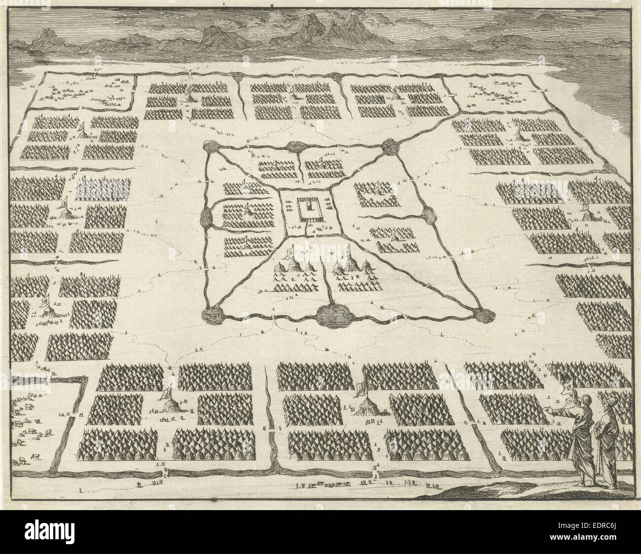 Tent Camps of the twelve tribes of Israel placed around the tabernacle, Anonymous, Jan Luyken, 1683 - 1762 Stock Photo