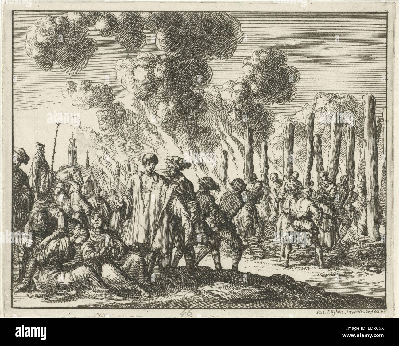 Eighty burned heretics at Strasbourg France, Jan Luyken, 1685 Stock Photo