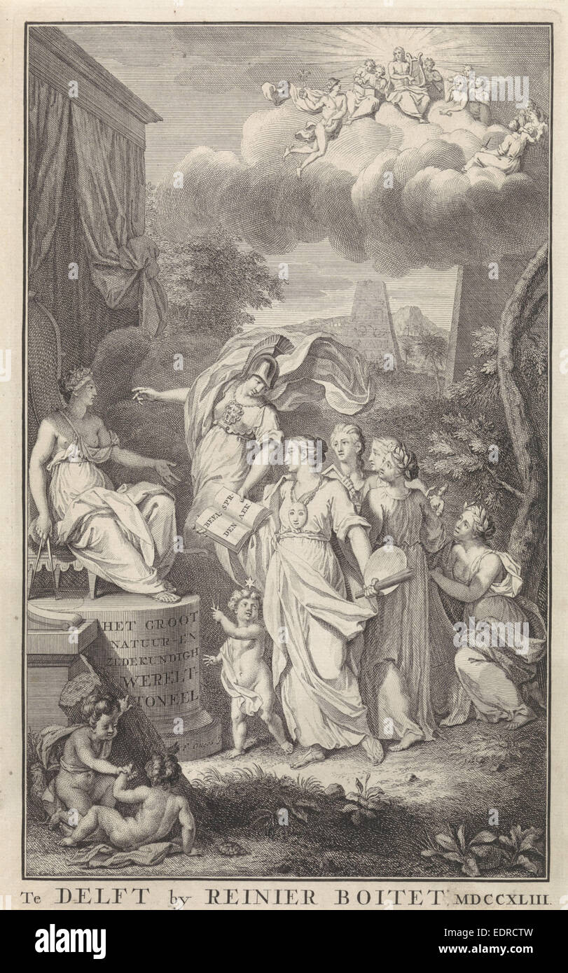 Minerva and the Arts for an enthroned figure, Frederik Ottens, Reinier Boitet, 1726 Stock Photo