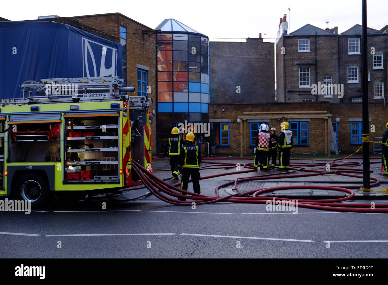 London, UK. 09th Jan, 2015. A fire broke out at Oval House theatre near Oval Station in London. 6 engines attended, no injuries. The theatre has launched the careers of actors such as Tim Roth Credit:  Rachel Megawhat/Alamy Live News Stock Photo