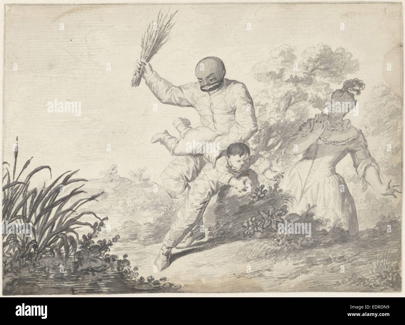 Scene from the Commedia dell'Arte with boy getting beating of a man Stock Photo