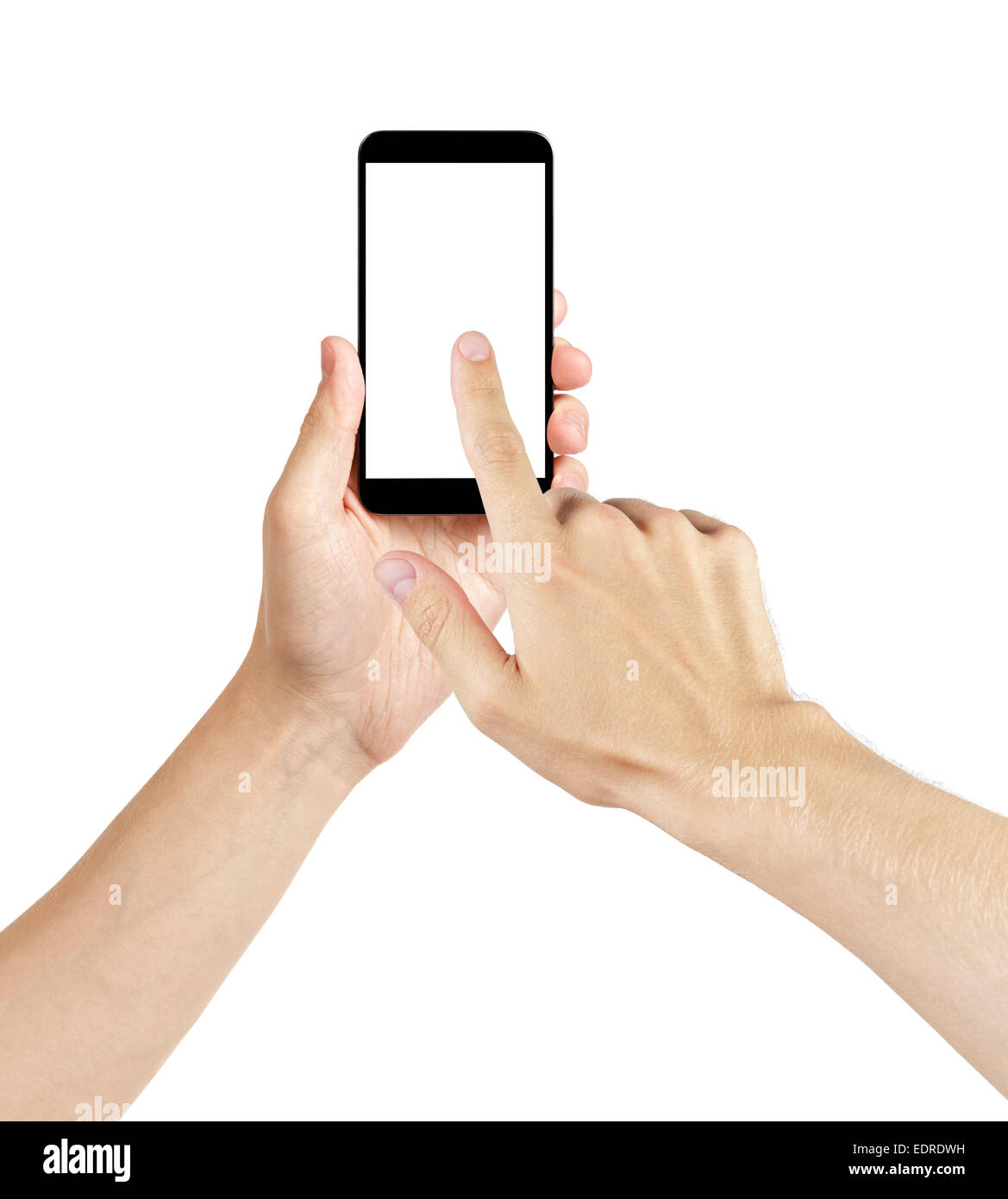 adult man hands using generic mobile phone with white screen, isolated Stock Photo