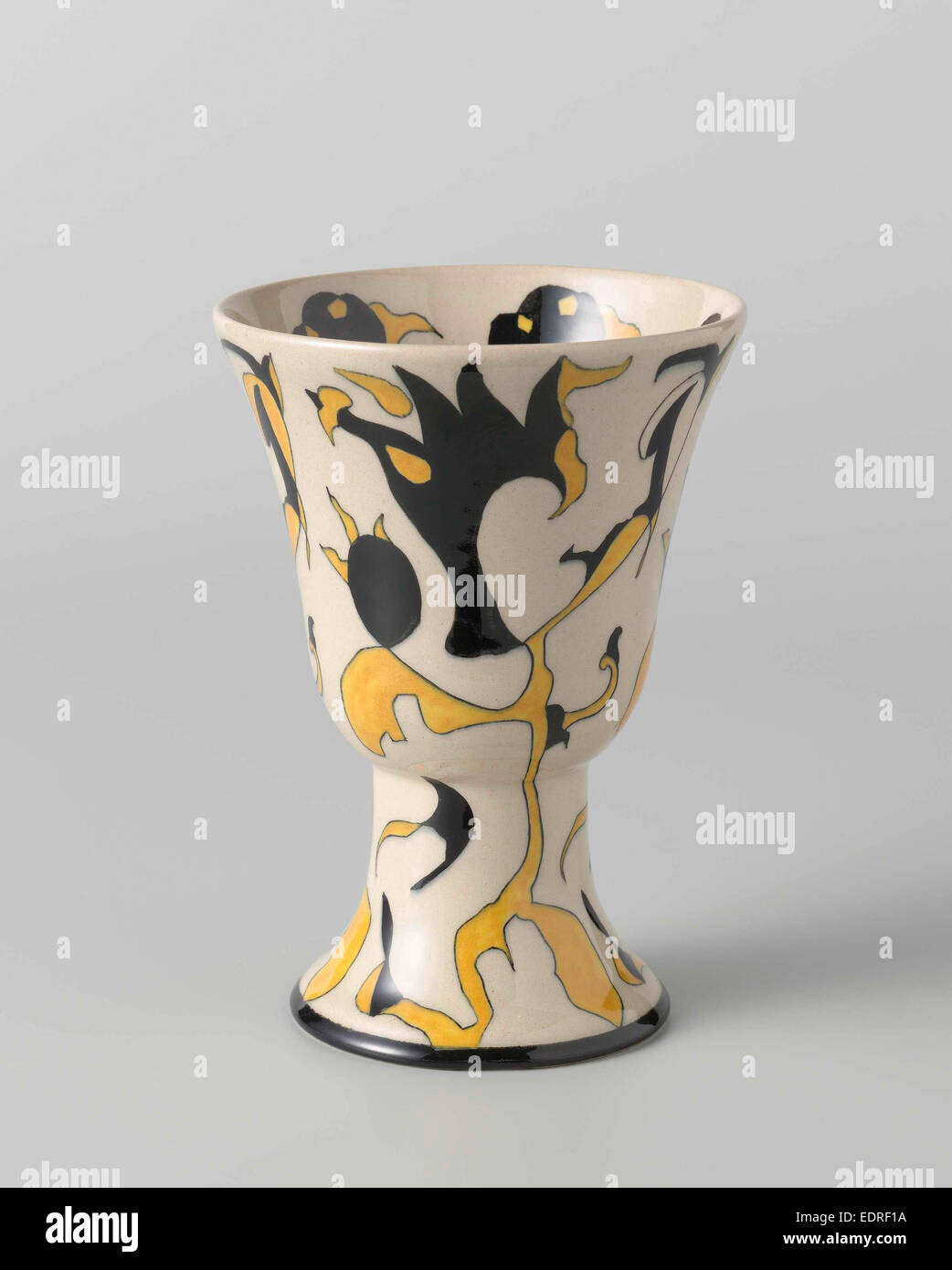 Vase, cupshaped, with decor in black and yellow, N.V. Plateelbakkerij