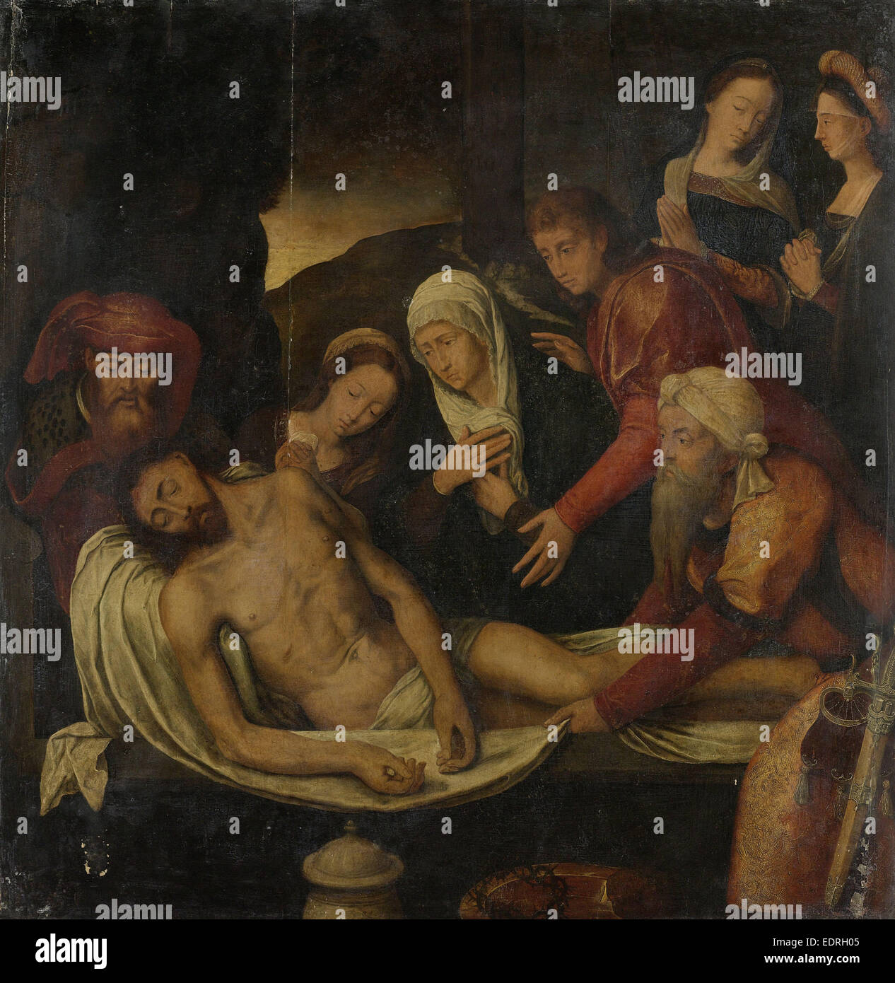 Entombment of Christ with Joseph of Arimathea and Nicodemus, Mary Magdalene, the Virgin and Saint John the Evangelist Stock Photo