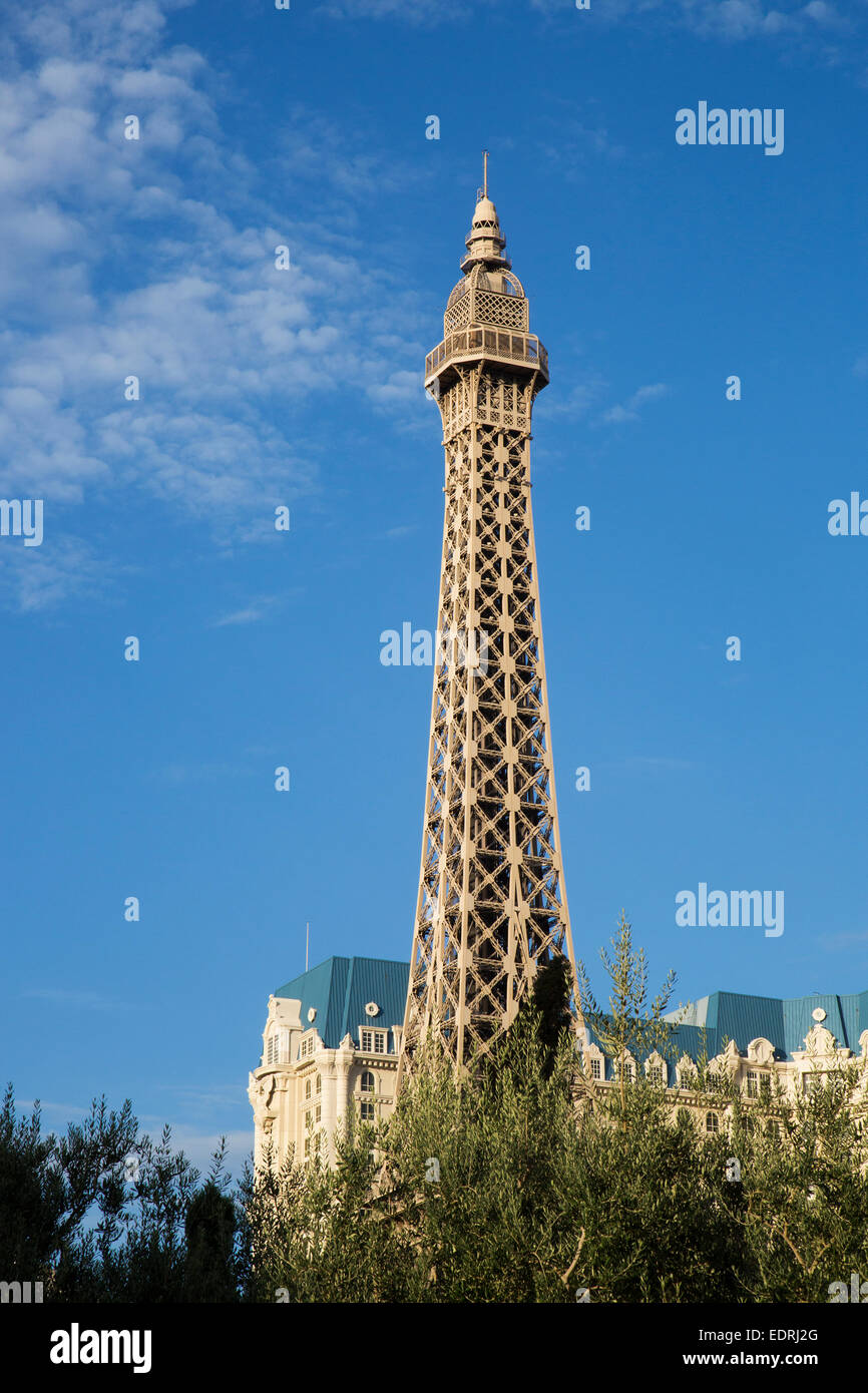 The Eiffel Tower Restaurant at the Paris hotel and casino Bellagio Fountains located on the Las Vegas Strip in Paradise, Nevada. Stock Photo