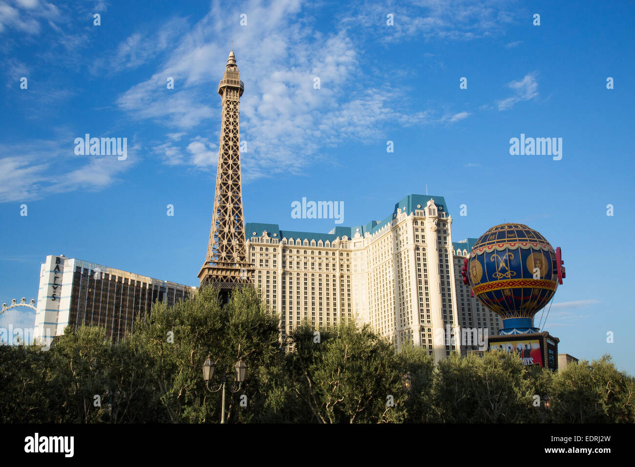 The Eiffel Tower Restaurant at the Paris hotel and casino Bellagio Fountains located on the Las Vegas Strip in Paradise, Nevada. Stock Photo