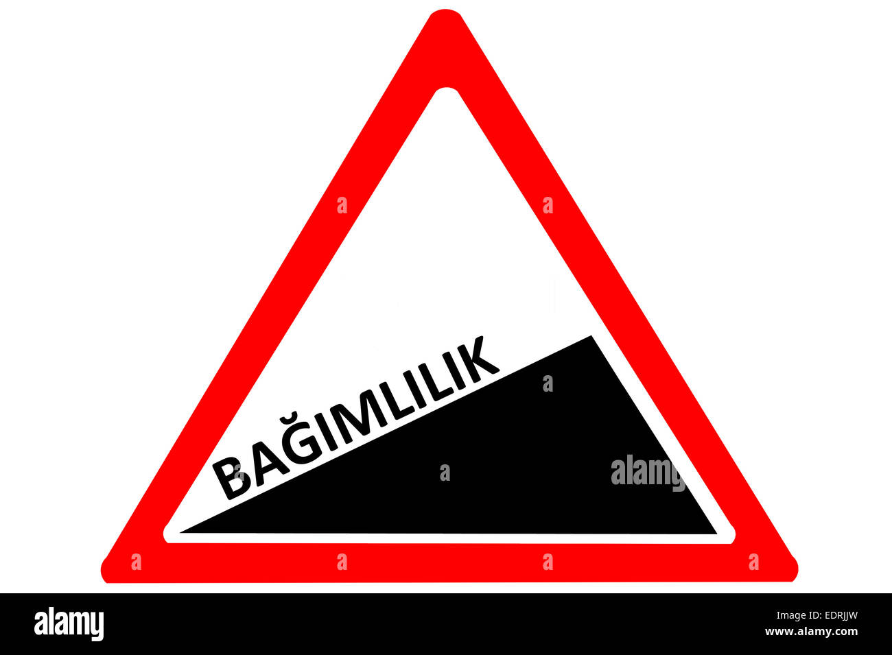 Addiction Turkish bagimlilik increasing warning road sign isolated on white background Stock Photo