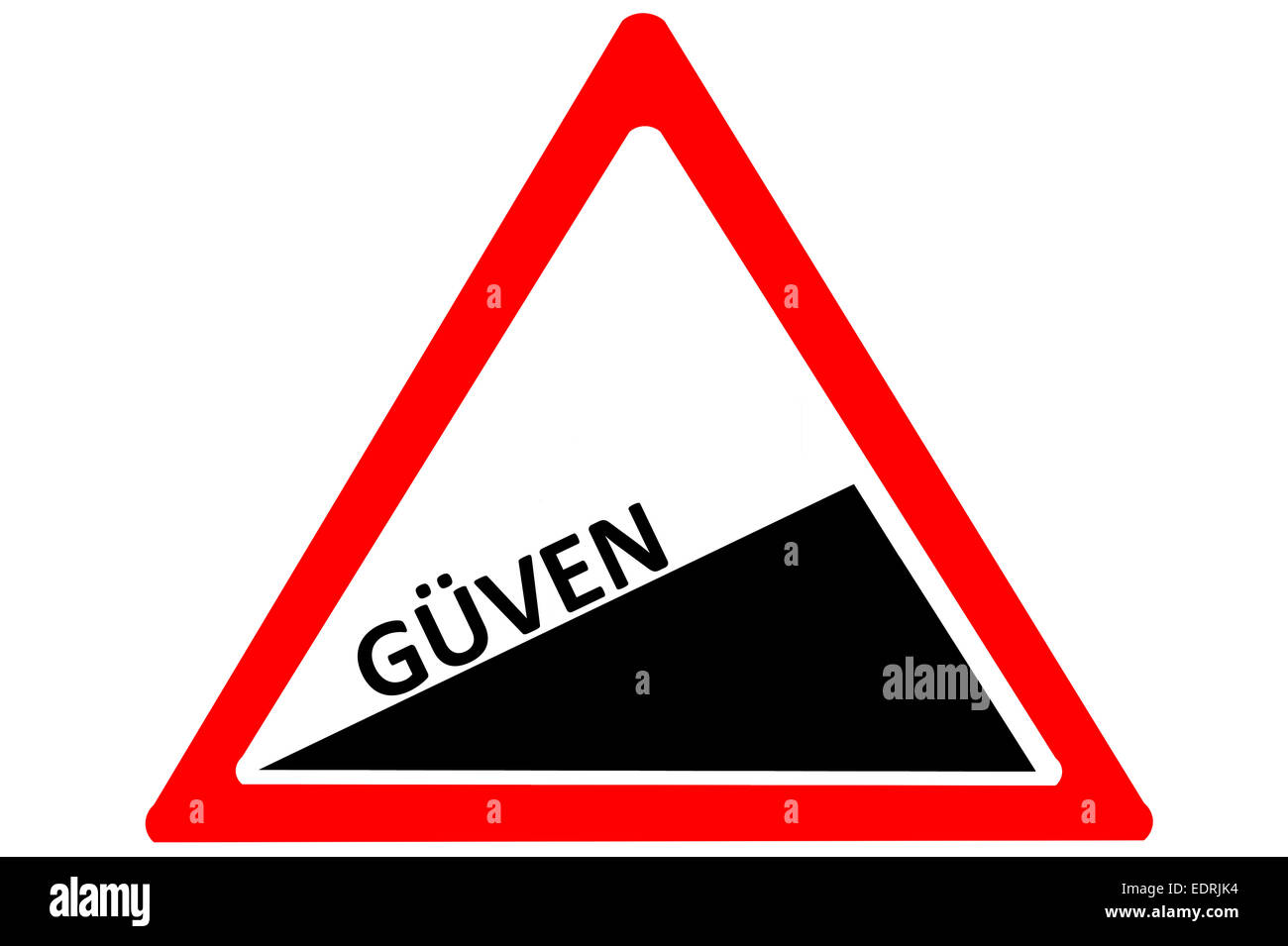 Trust Turkish guven increasing warning road sign isolated on white background Stock Photo