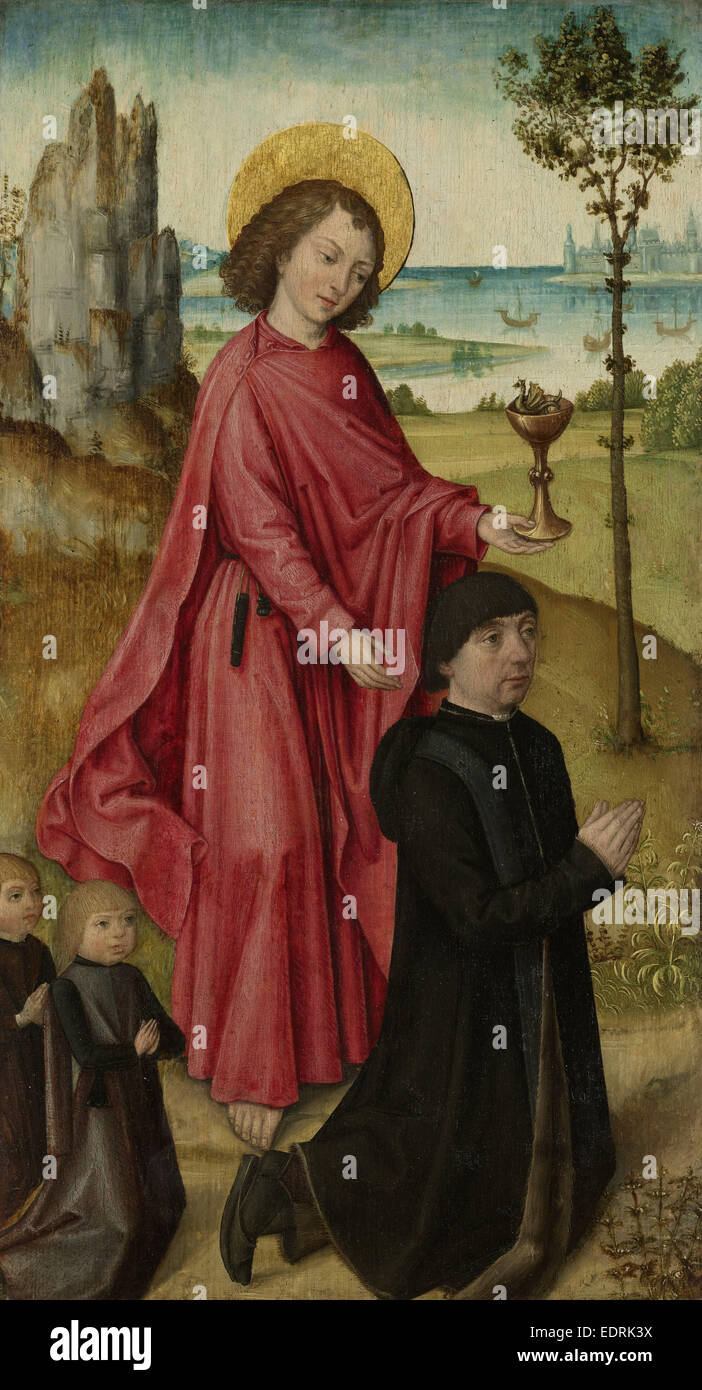 A Donor and his two Sons with Saint John the Evangelist, inner left wing of a triptych, workshop of The (Bruges) Master Stock Photo