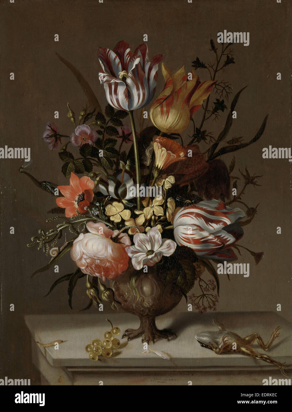 Still Life with a Vase of Flowers and a Dead Frog, Jacob Marrel, 1634 Stock Photo