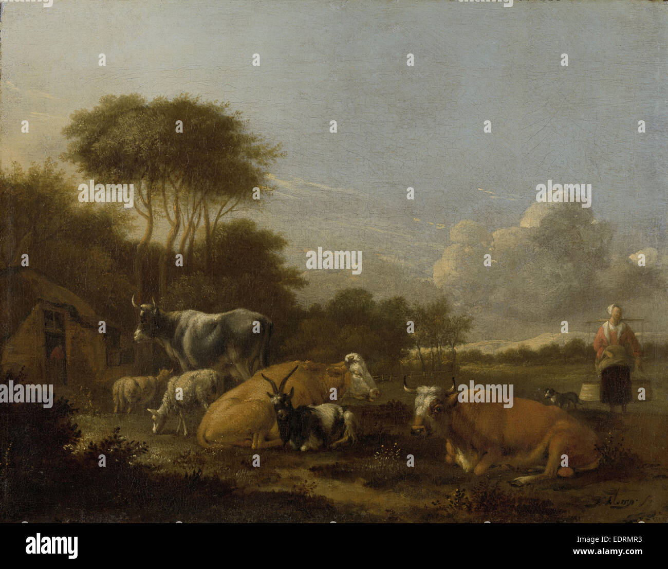 Landscape with Cows, Albert Jansz. Klomp, 1640 - 1688 Stock Photo