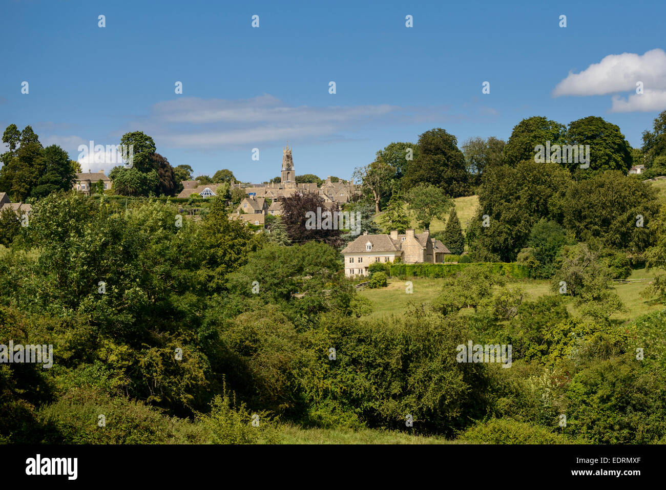 View of Cotswold village of Minchinhampton from distance
