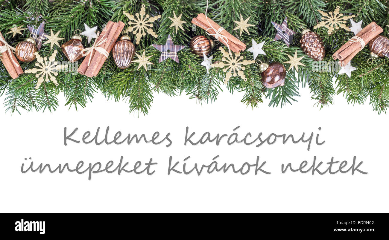 hungarian Christmas card with Christmas baubles, fir branches, stars