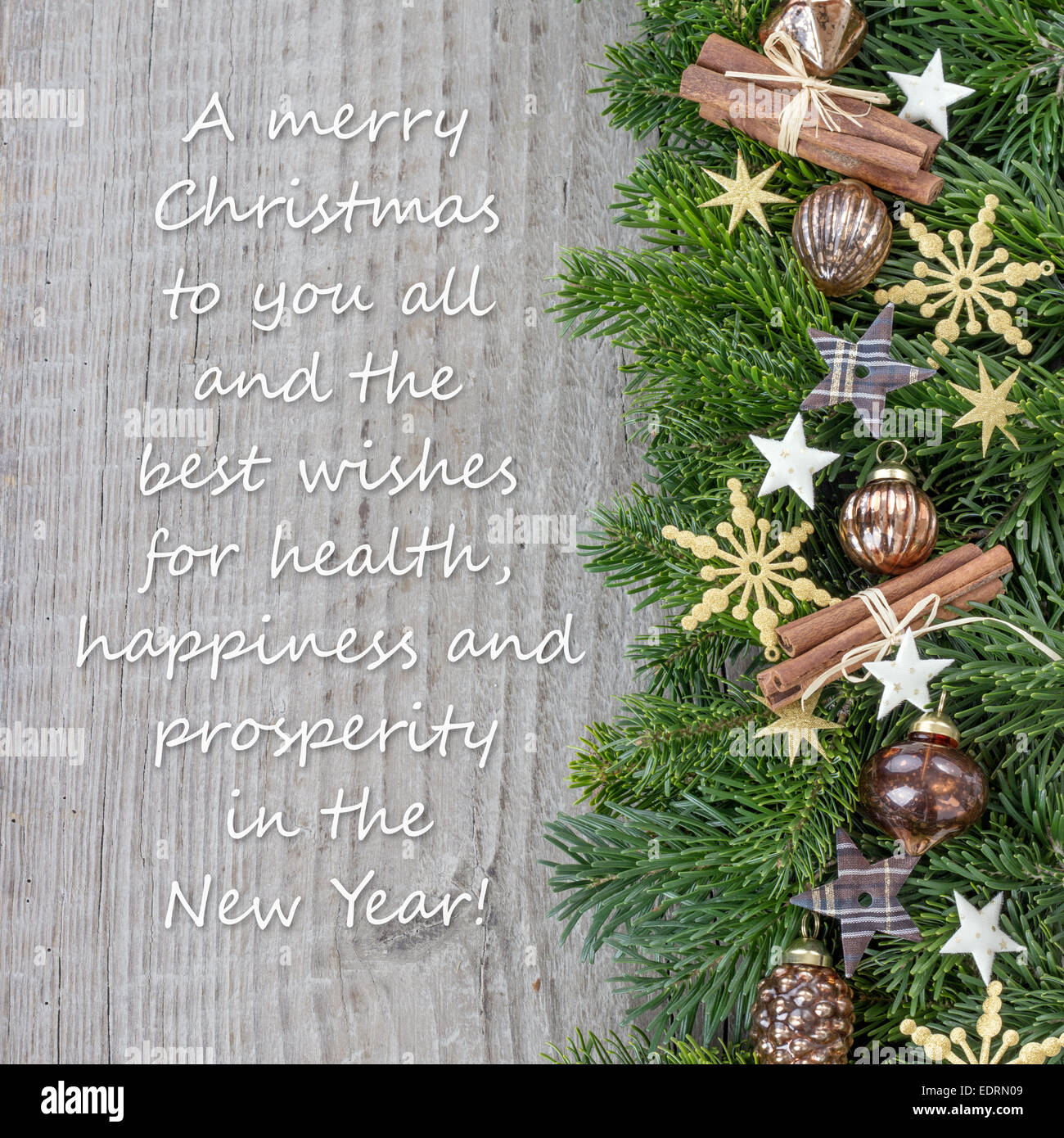 english Christmas card with Christmas baubles, fir branches and stars ...