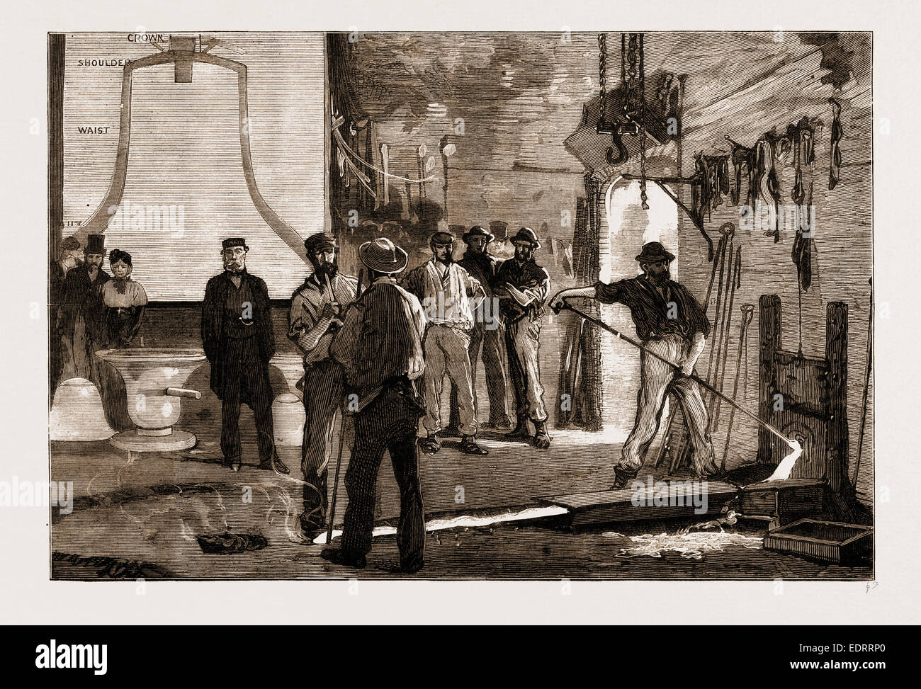 CASTING THE NEW TENOR BELL FOR THE ROYAL COURTS OF JUSTICE: RUNNING THE METAL INTO THE MOULD, UK, 1883 Stock Photo
