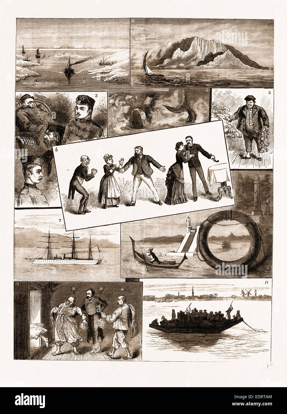 LIFE ON BOARD AN INDIAN TROOPSHIP, 1883: 1. Lake Timsah, Suez Canal. 2. Aden. 3. Some of the Passengers. 4. 'Hooked,' Stock Photo