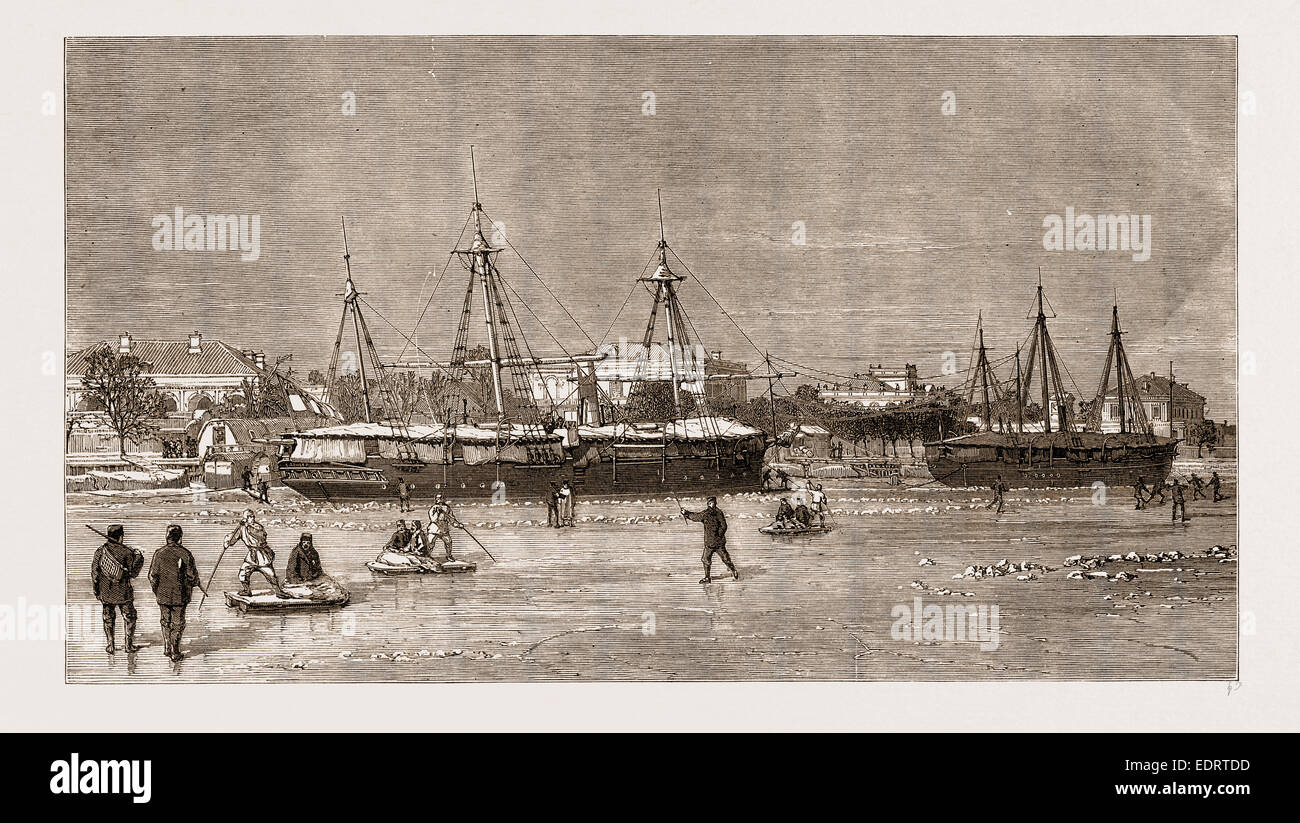 H.M.S. 'GROWLER' FROZEN IN AT TIENTSIN, PEIHO RIVER, CHINA, 1876 Stock Photo