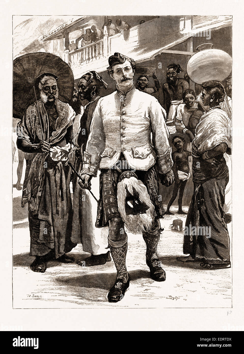 THE PRINCE OF WALES'S HIGHLAND PIPER ASTONISHING THE KANDYAN NATIVES, INDIA, 1876 Stock Photo