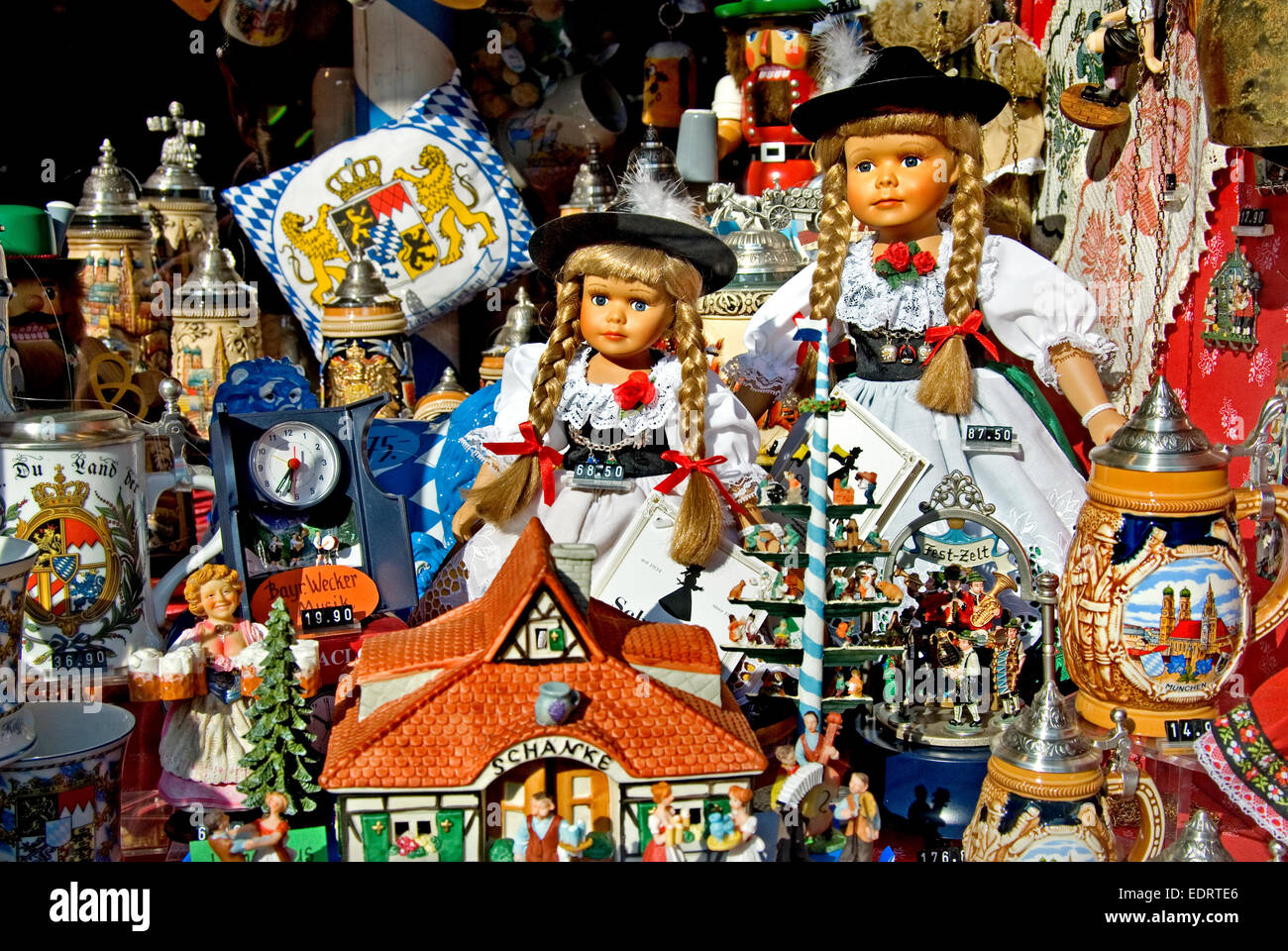 Munich, Bavaria, Germany. Bavarian souvenirs in shop window. Dolls in