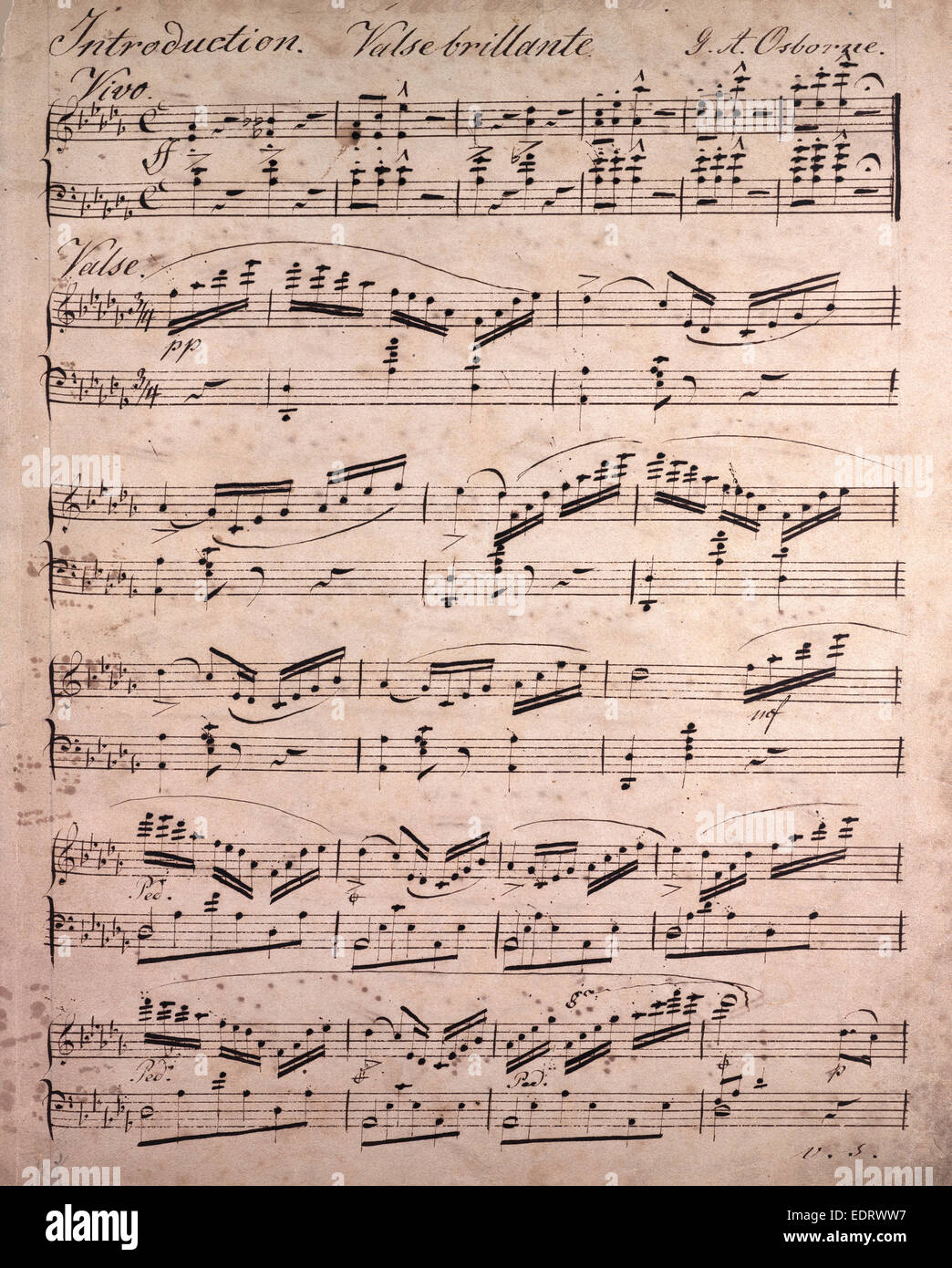 old sheet of music with handwritten notes, mf, mezzo-forte Stock